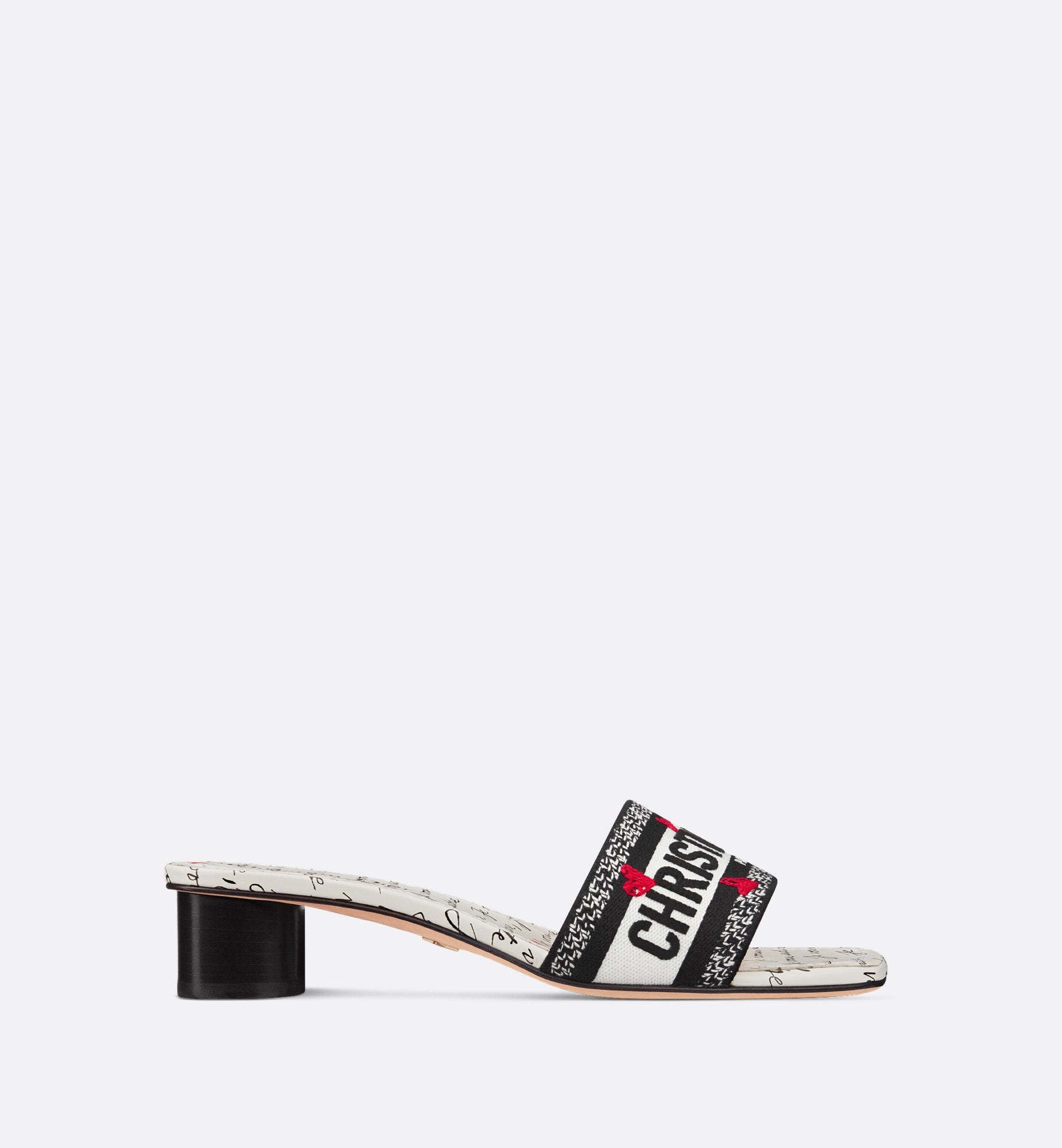 Dioramour Dway Heeled Slide Black And White Embroidered Cotton With Black And Red Je Vous Adore Motif