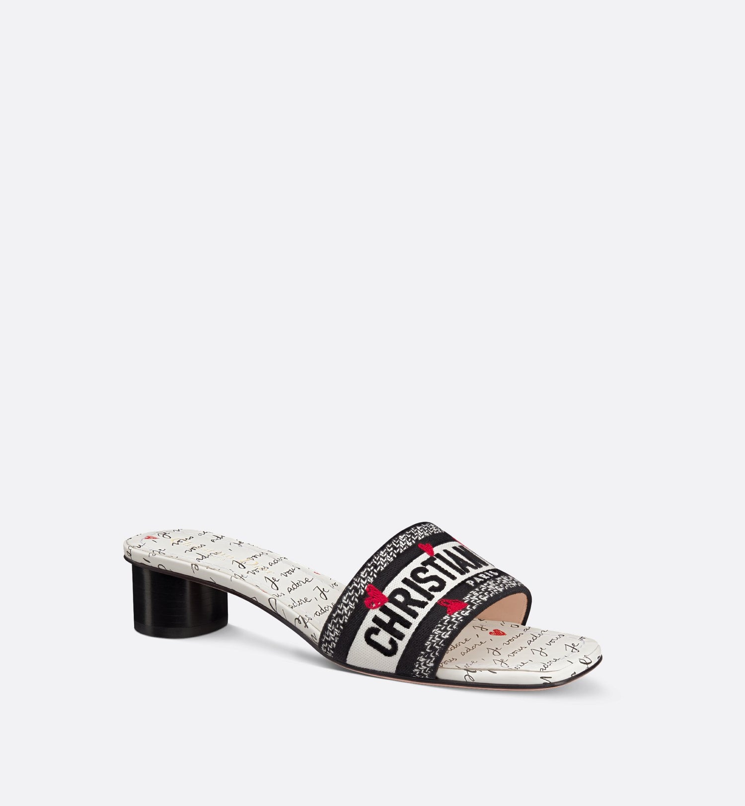 Dioramour Dway Heeled Slide Black And White Embroidered Cotton With Black And Red Je Vous Adore Motif