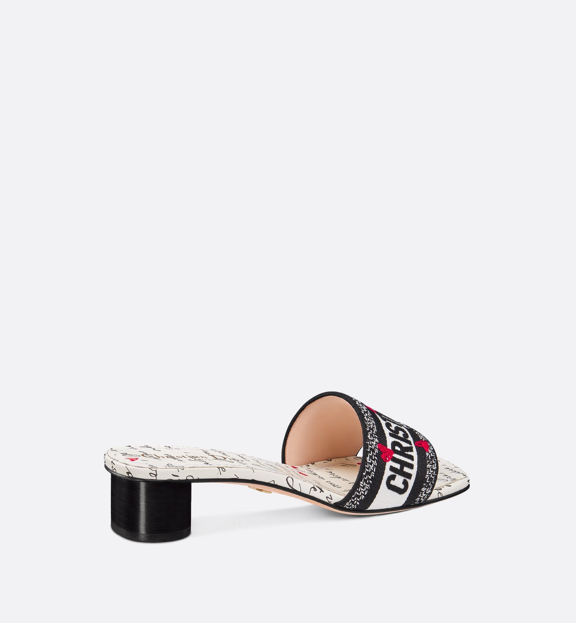 Dioramour Dway Heeled Slide Black And White Embroidered Cotton With Black And Red Je Vous Adore Motif