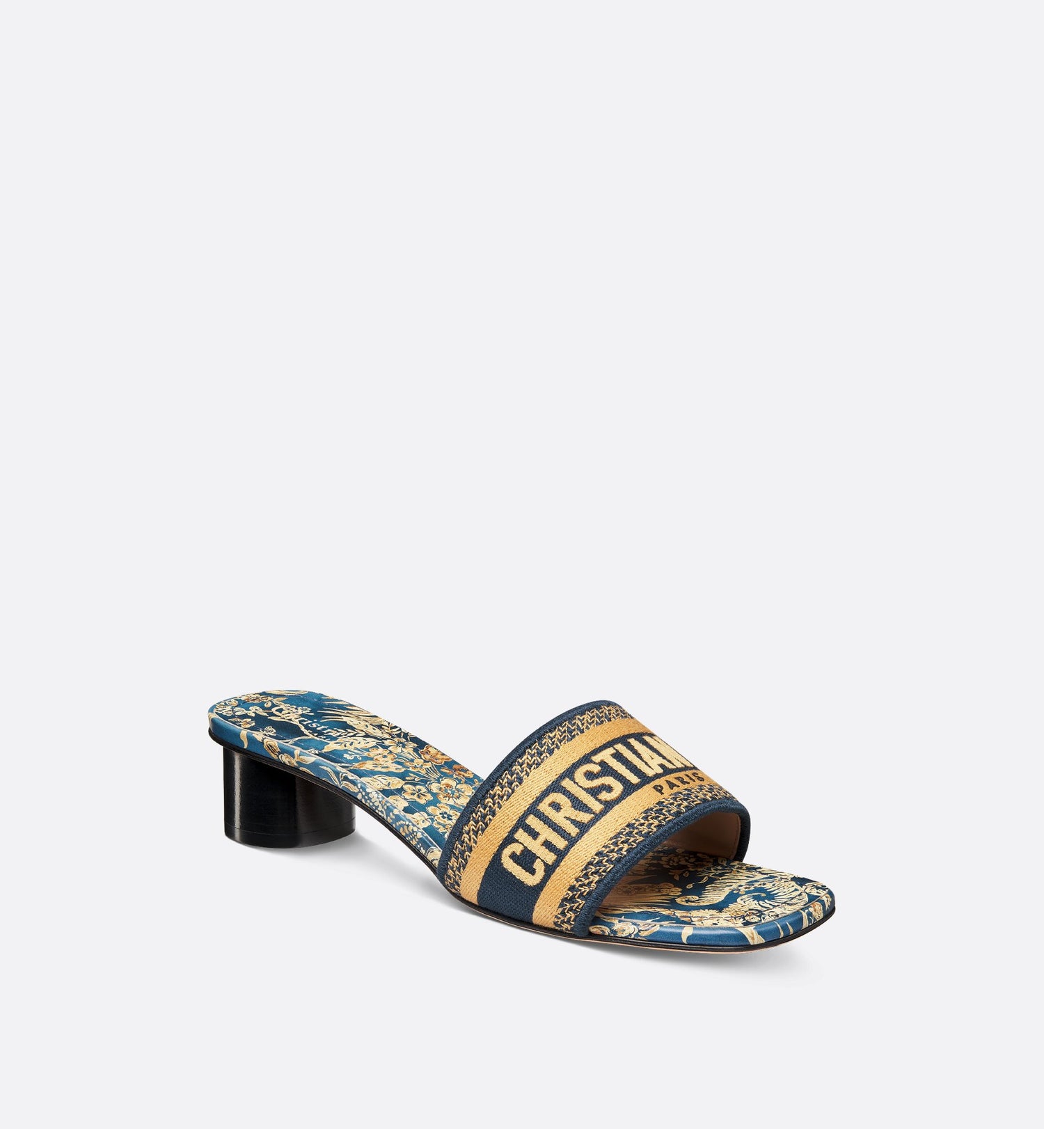 Dway Heeled Slide Cotton Embroidered With Navy Blue And Beige Dior Idylle Motif