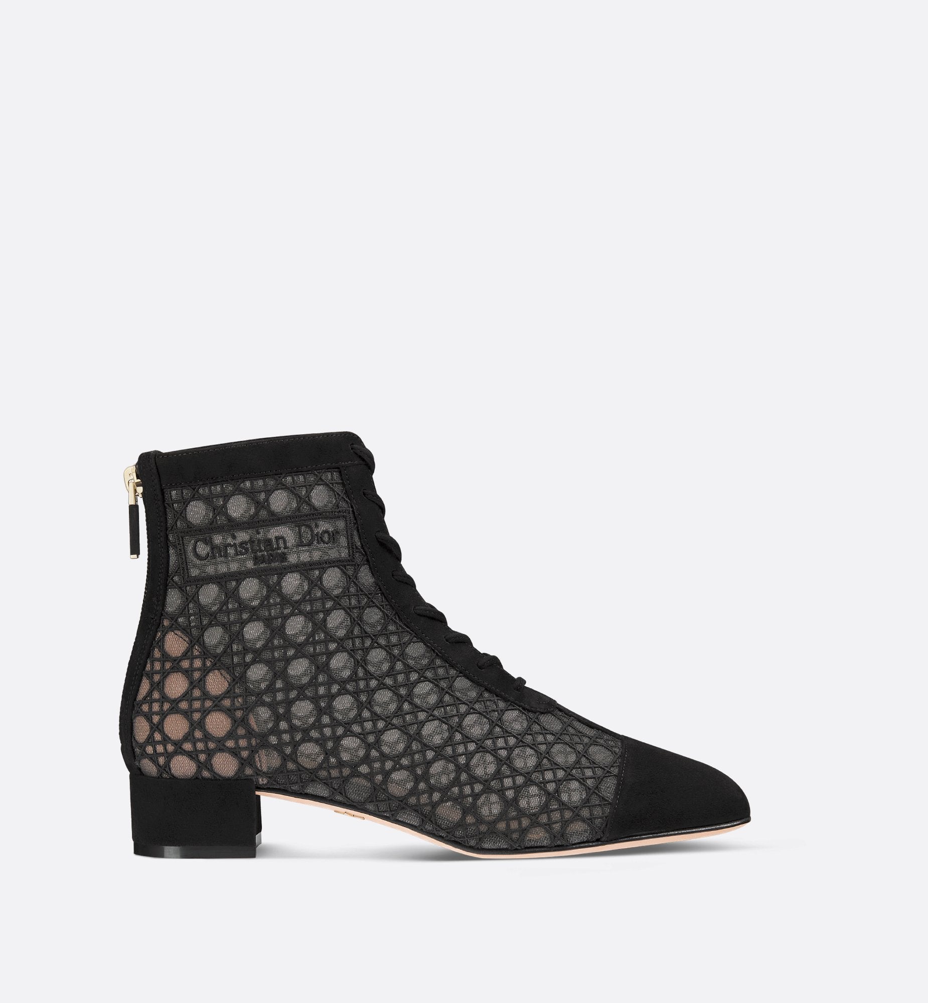 Naughtily-D Heeled Ankle Boot Transparent Mesh Embroidered With Black Cannage Motif And Suede Goatskin