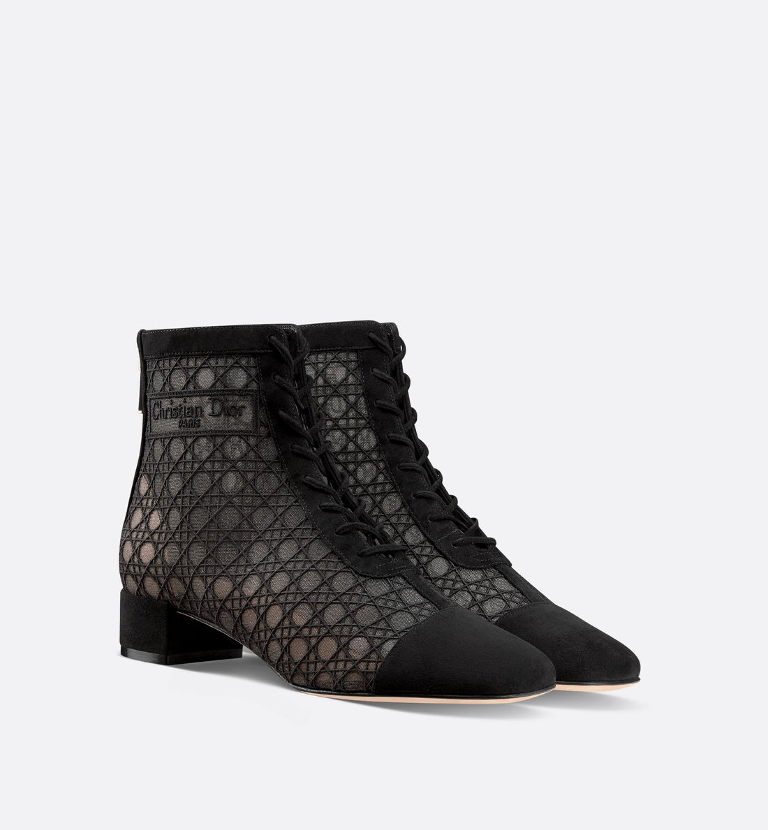 Naughtily-D Heeled Ankle Boot Transparent Mesh Embroidered With Black Cannage Motif And Suede Goatskin