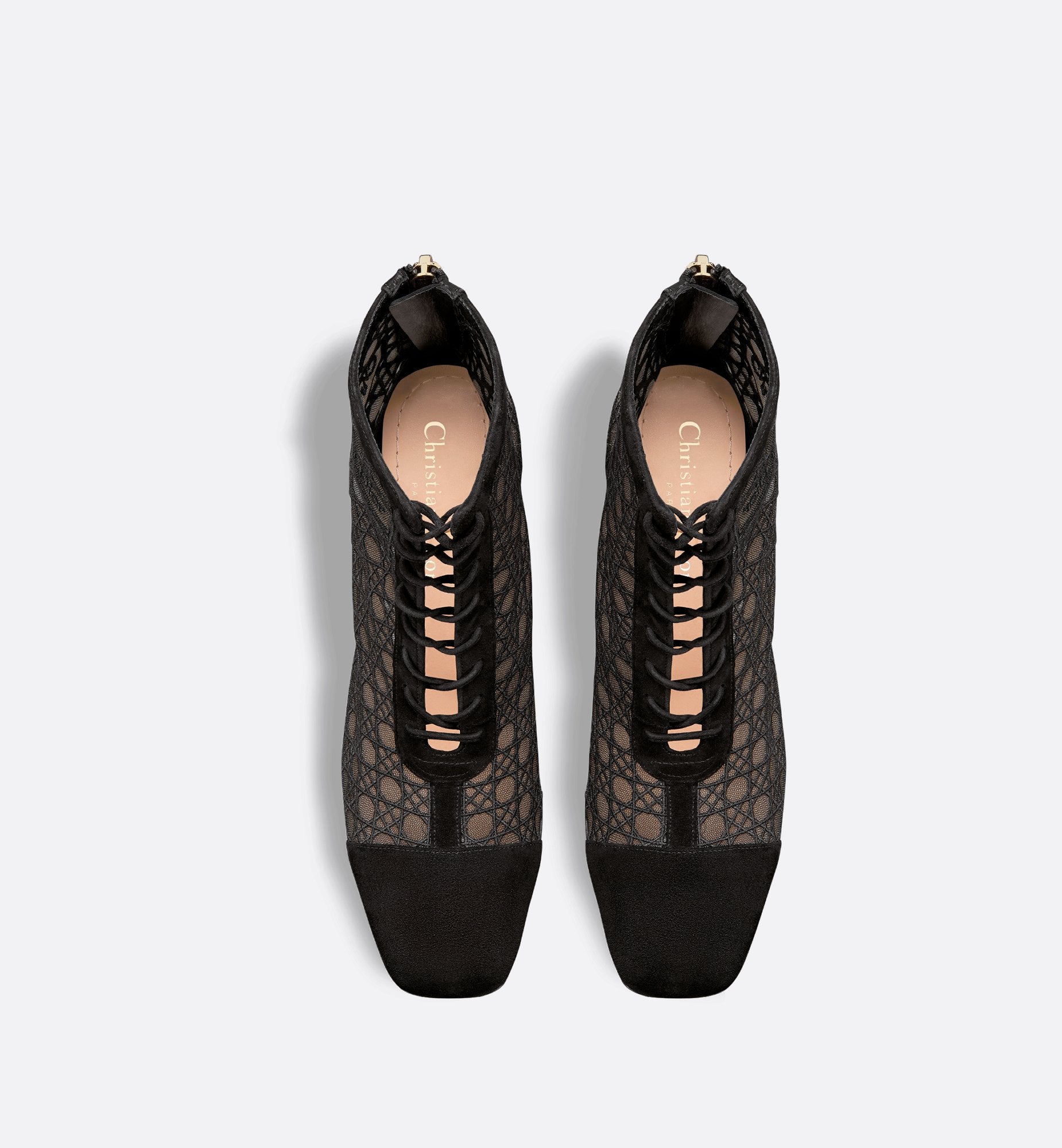 Naughtily D Heeled Ankle Boot Transparent Mesh Embroidered With Black Cannage Motif And Suede Goatskin