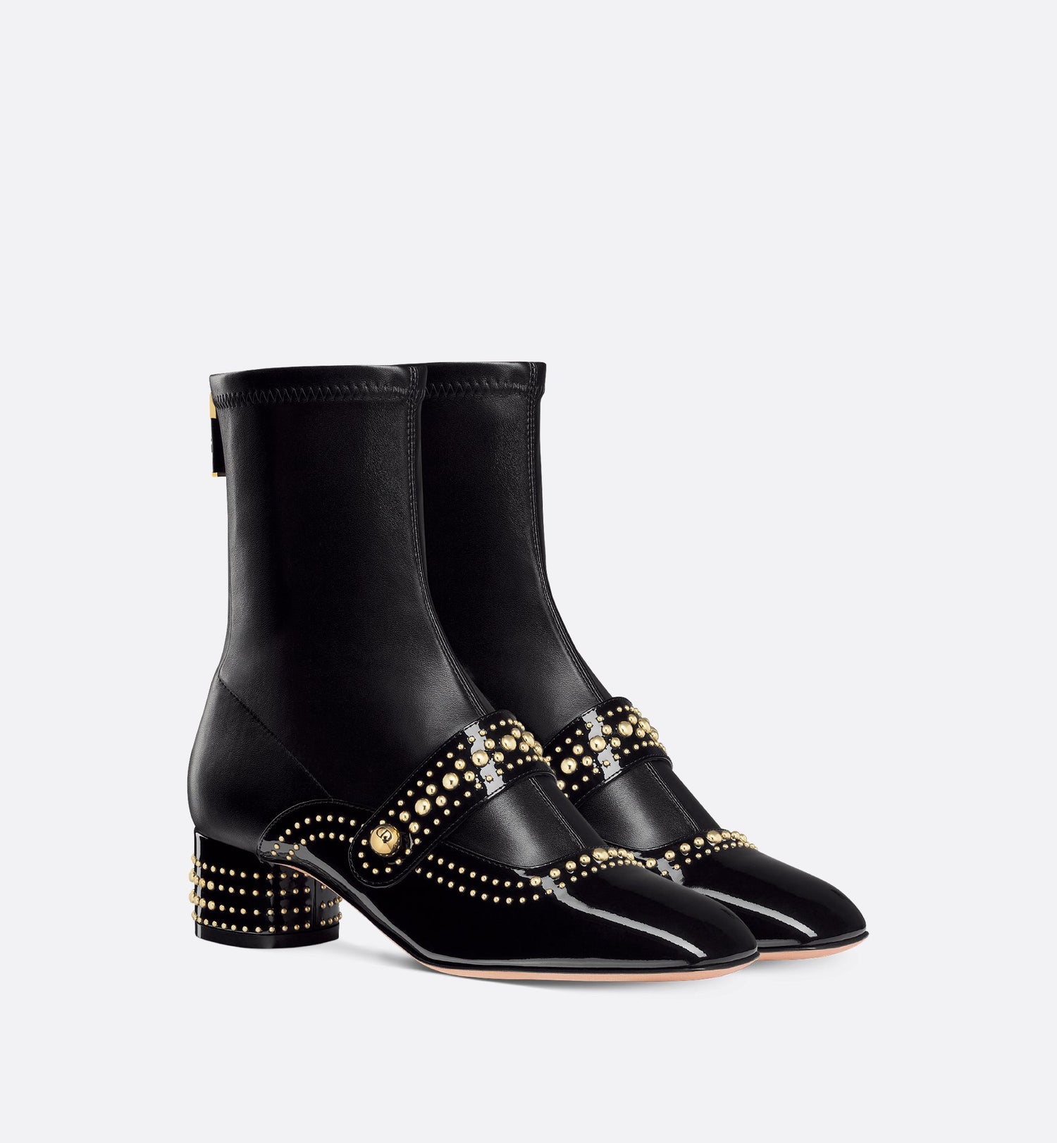 Belle D Heeled Ankle Boot Black Patent Calfskin And Gold-Finish Studs