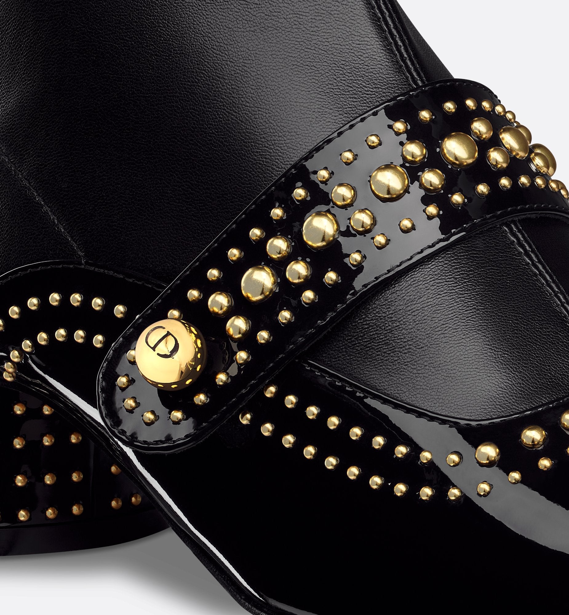 Belle D Heeled Ankle Boot Black Patent Calfskin And Gold-Finish Studs