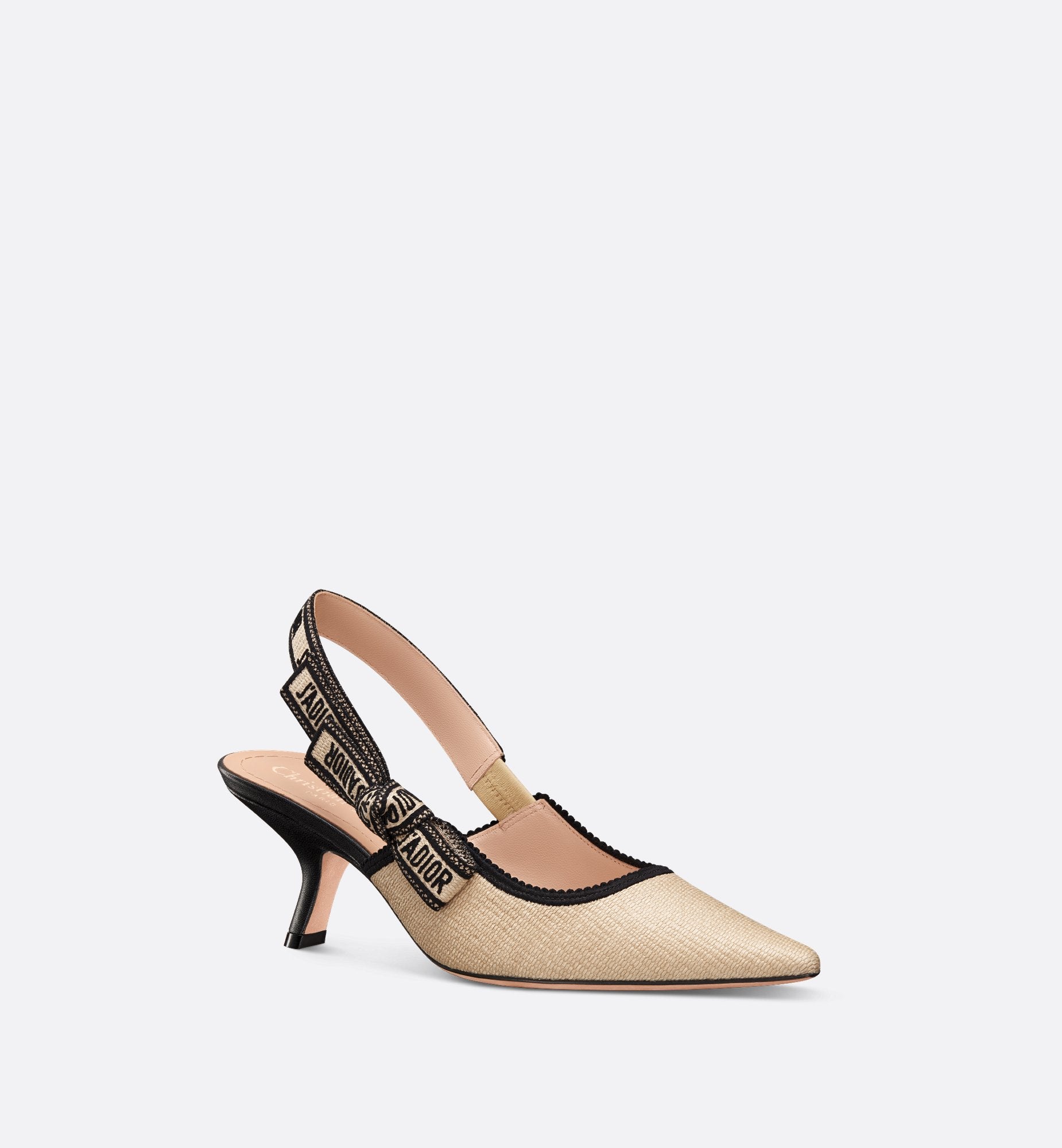 JAdior Slingback Pump Natural Raffia And Black Embroidered Cotton