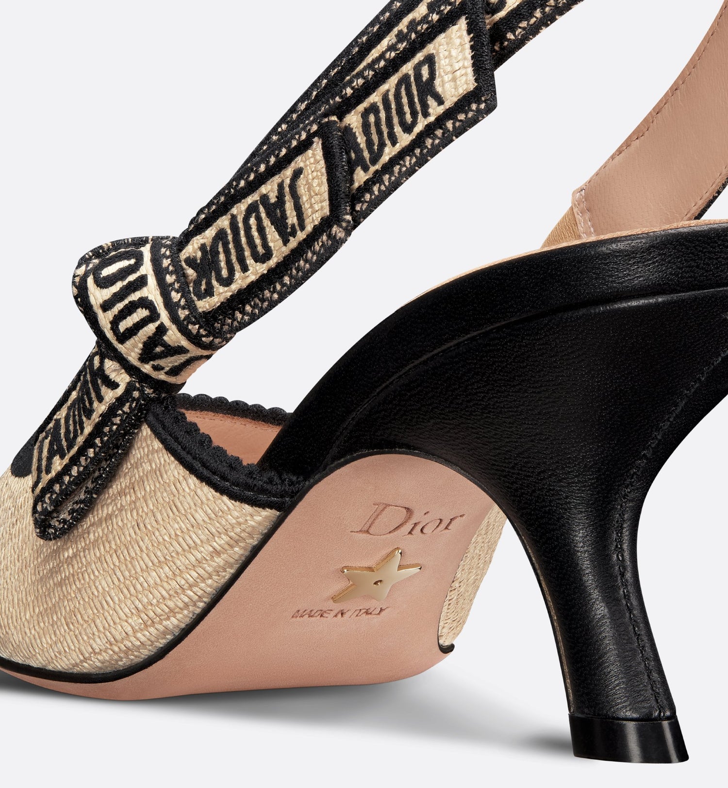 JAdior Slingback Pump Natural Raffia And Black Embroidered Cotton