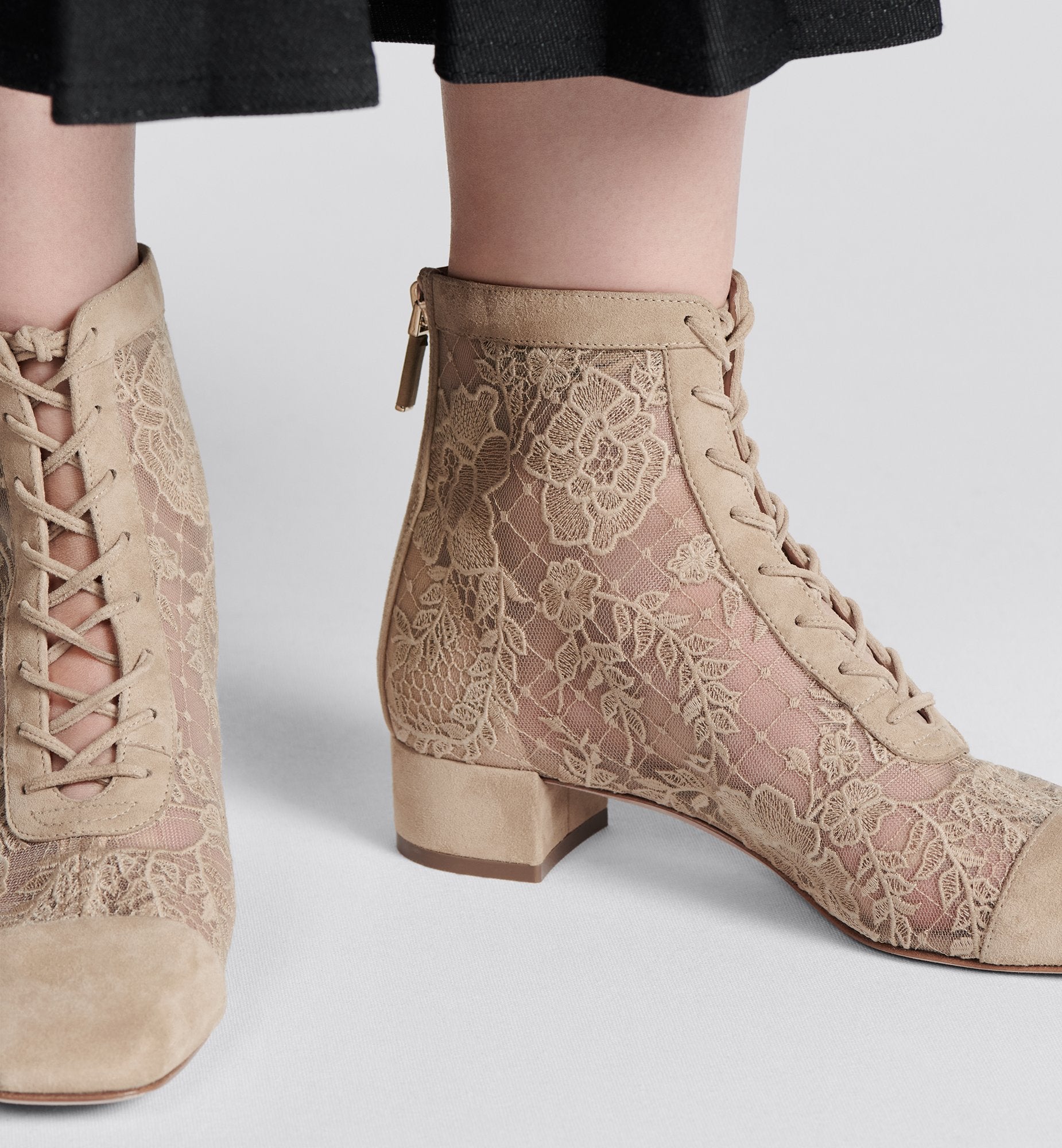 Naughtily-D Heeled Ankle Boot Transparent Mesh With Sand-Colored Dior Roses Embroidery And Suede Goatskin