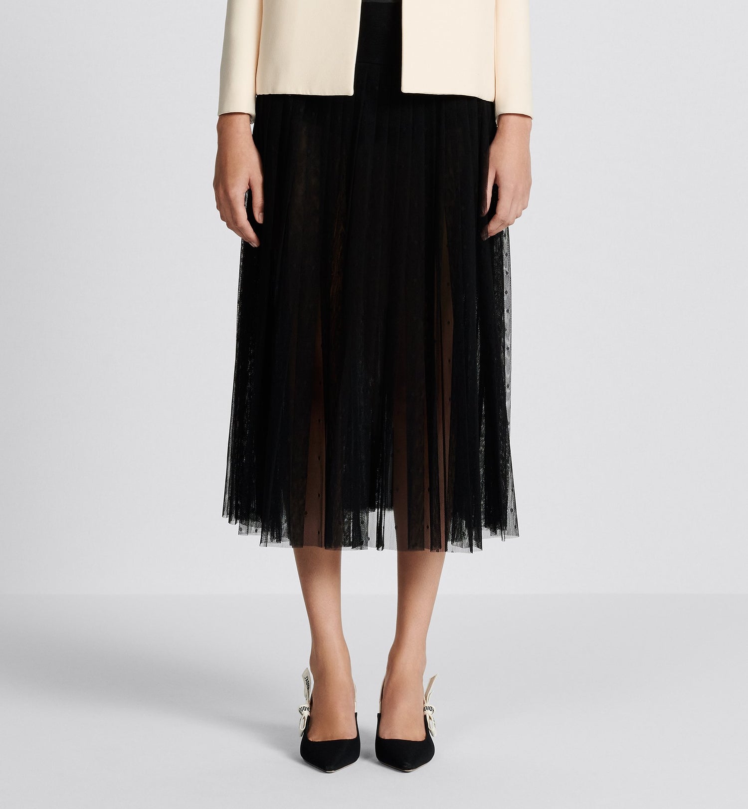 Pleated Mid Length Skirt Black Plumetis Tulle