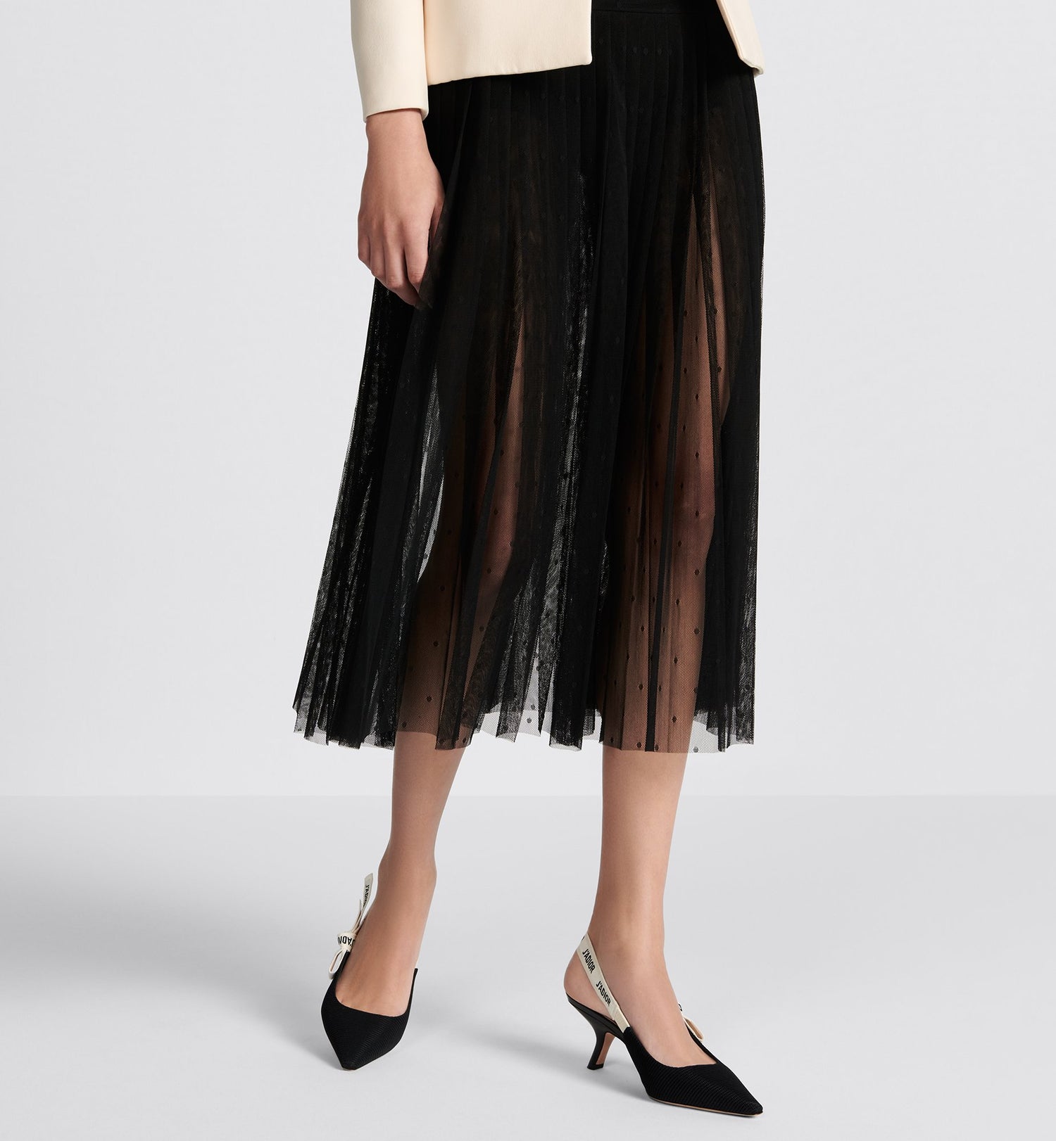 Pleated Mid Length Skirt Black Plumetis Tulle