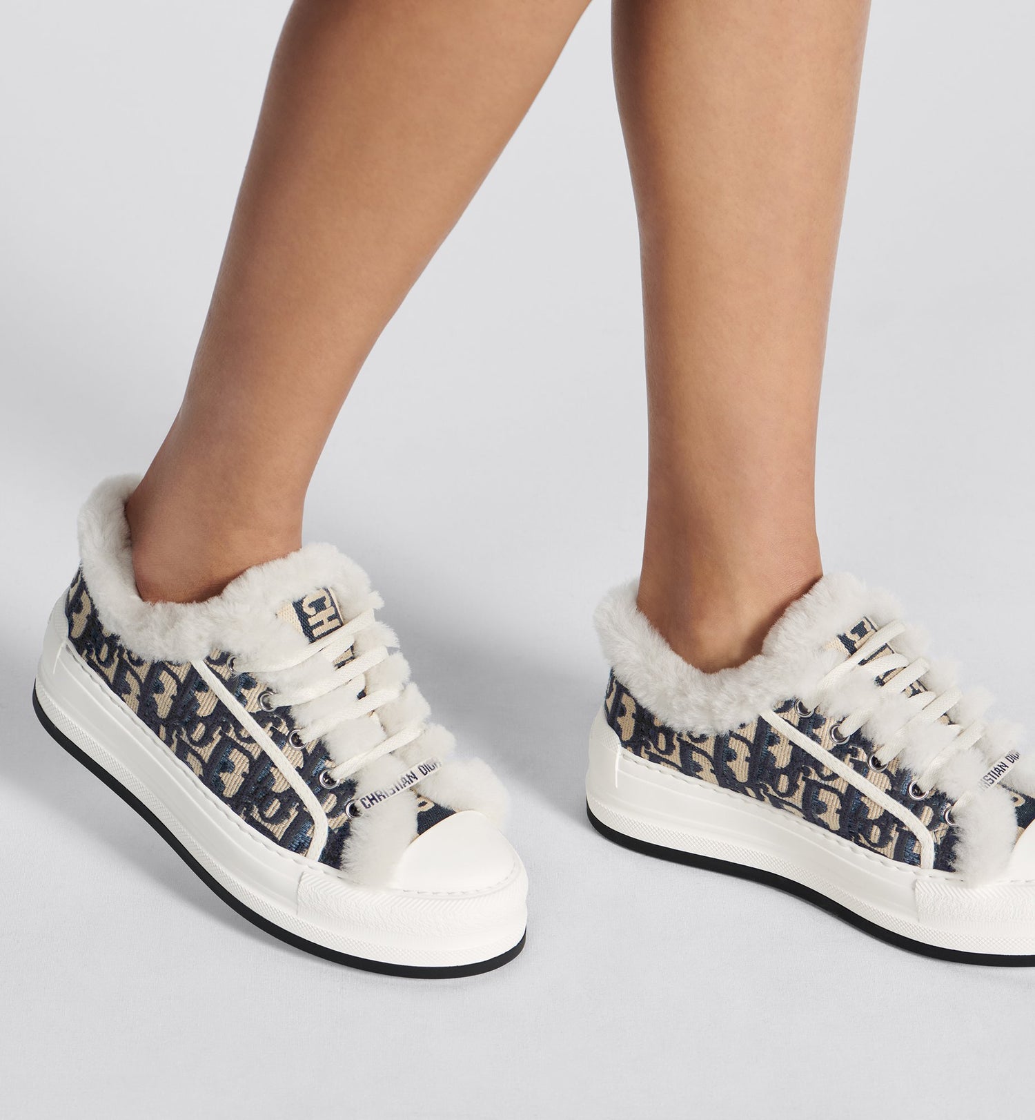 Walk N Dior Platform Sneaker Deep Blue Dior Oblique Embroidered Cotton And White Shearling