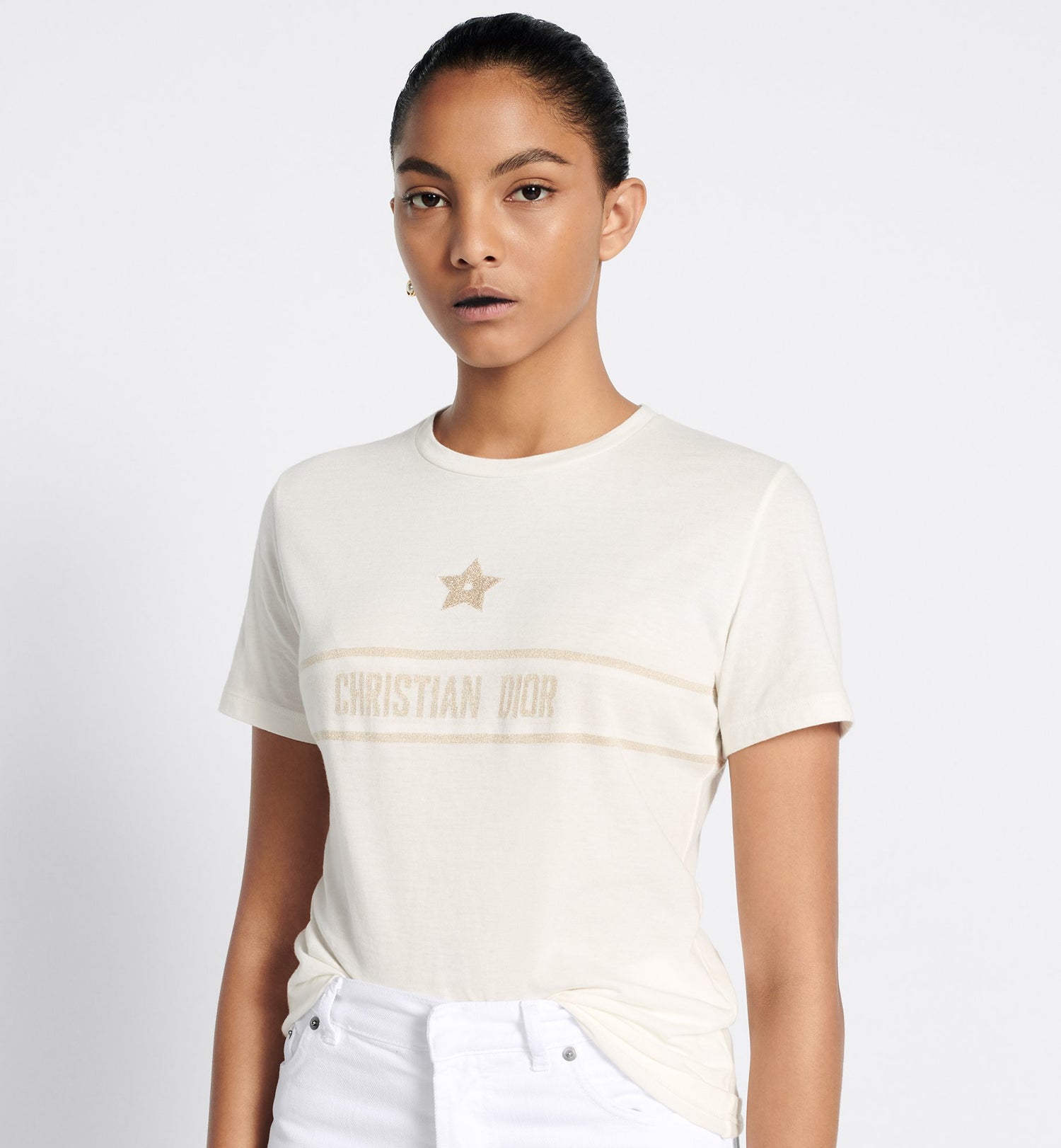 Dior Or T-Shirt White And Gold-Tone Technical Cotton Jersey