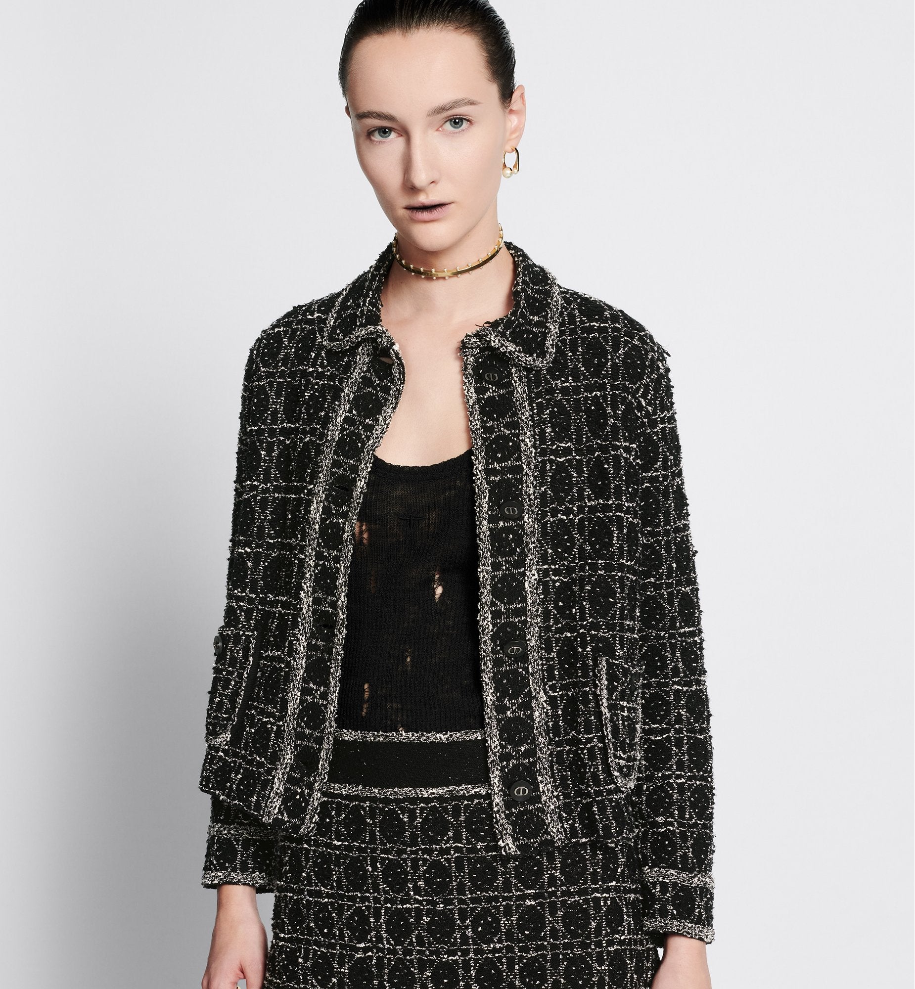 Macrocannage Jacket Black And White Technical Cotton Tweed