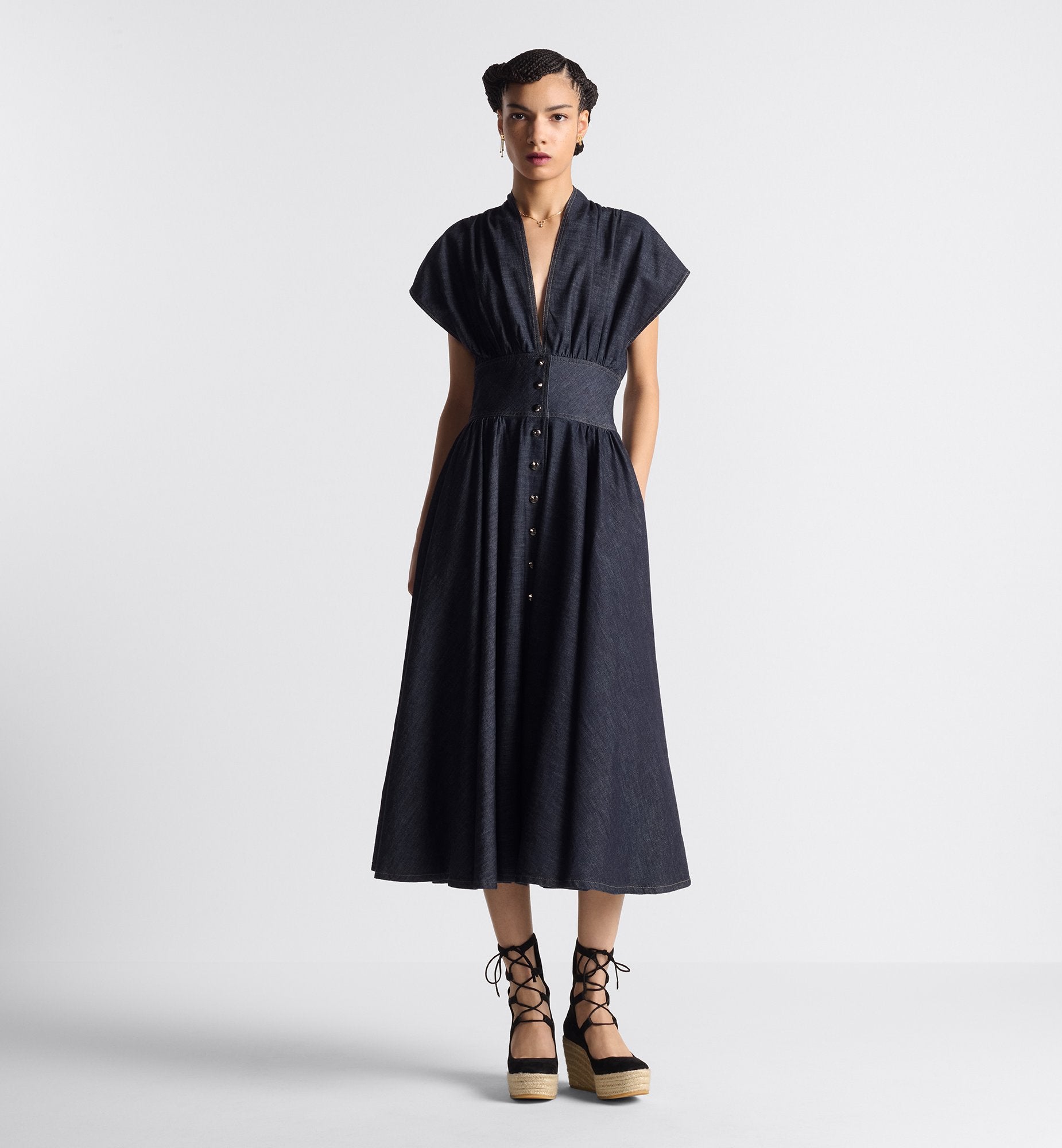 Flared Mid Length Dress Deep Blue Cotton Denim