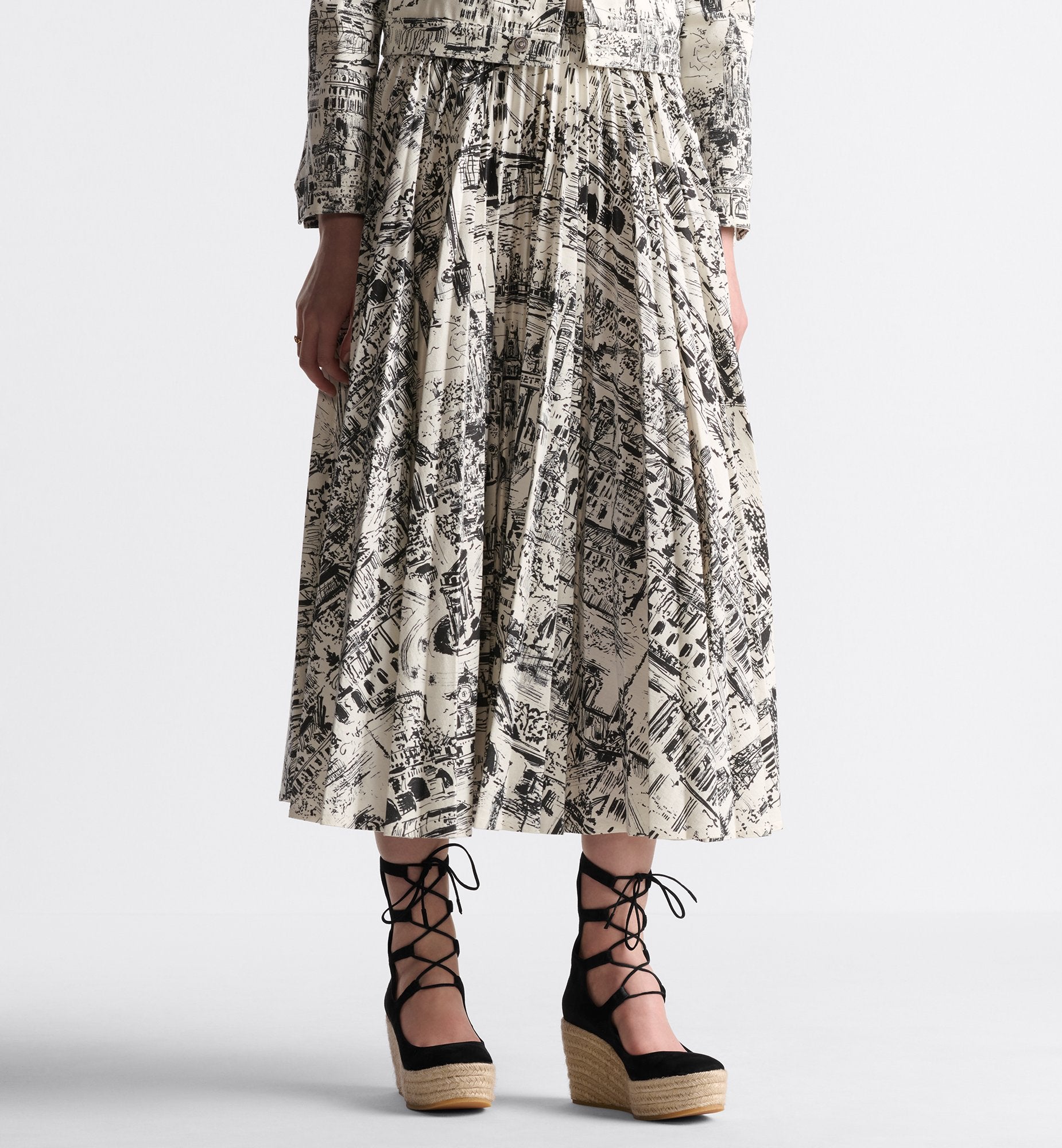 Pleated Mid-Length Skirt White And Black Cotton Denim With Paris Allover Motif