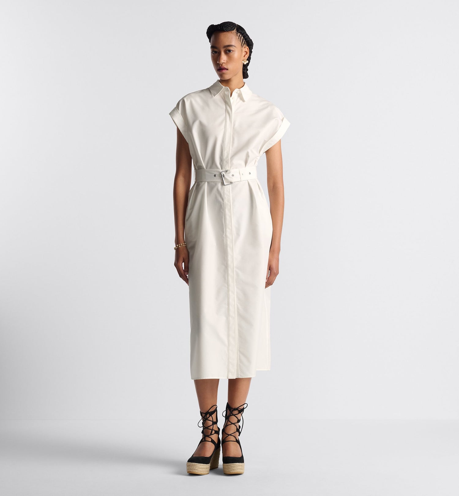 Mid Length Shirtdress Ecru Cotton And Silk Poplin