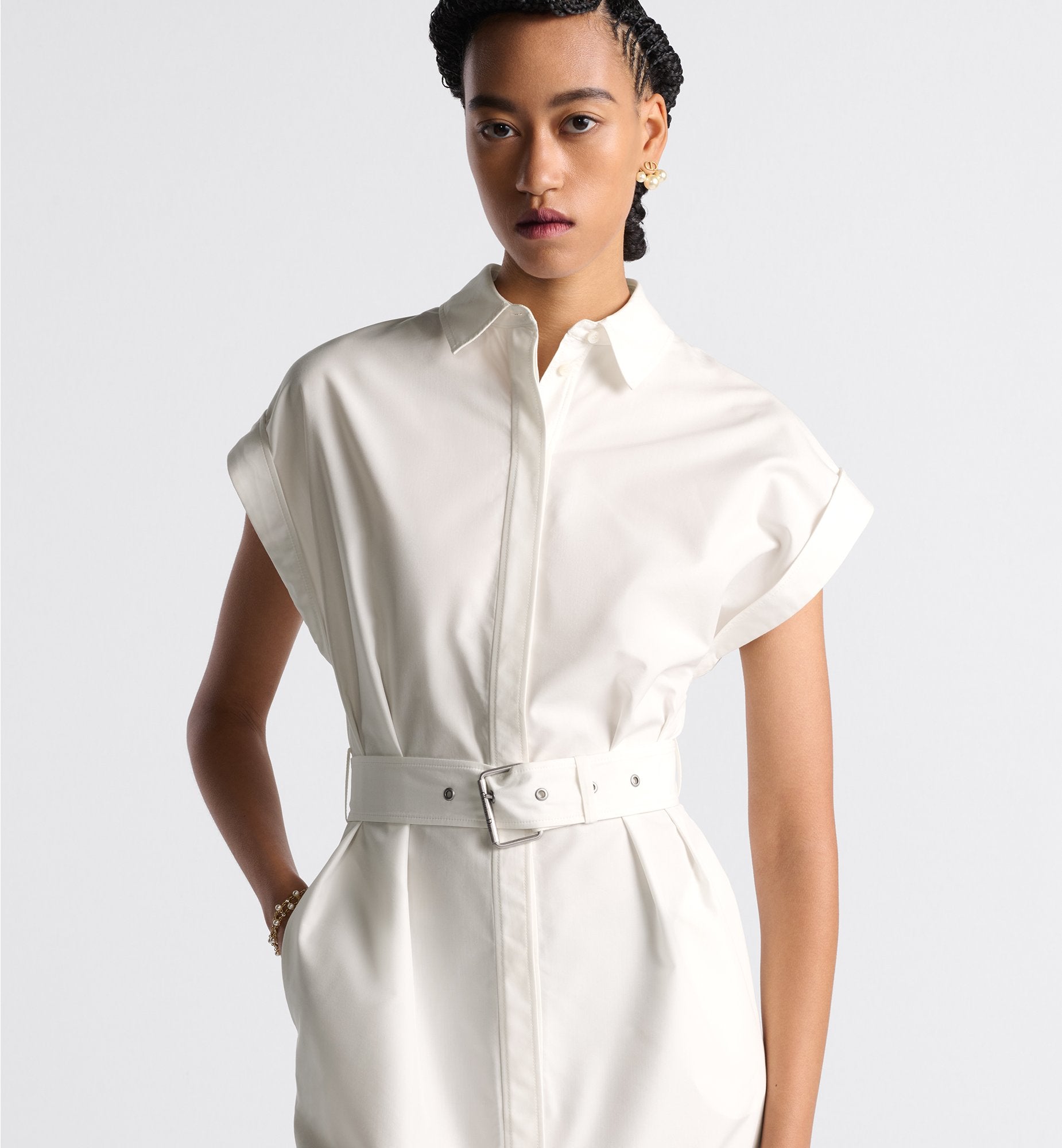 Mid Length Shirtdress Ecru Cotton And Silk Poplin