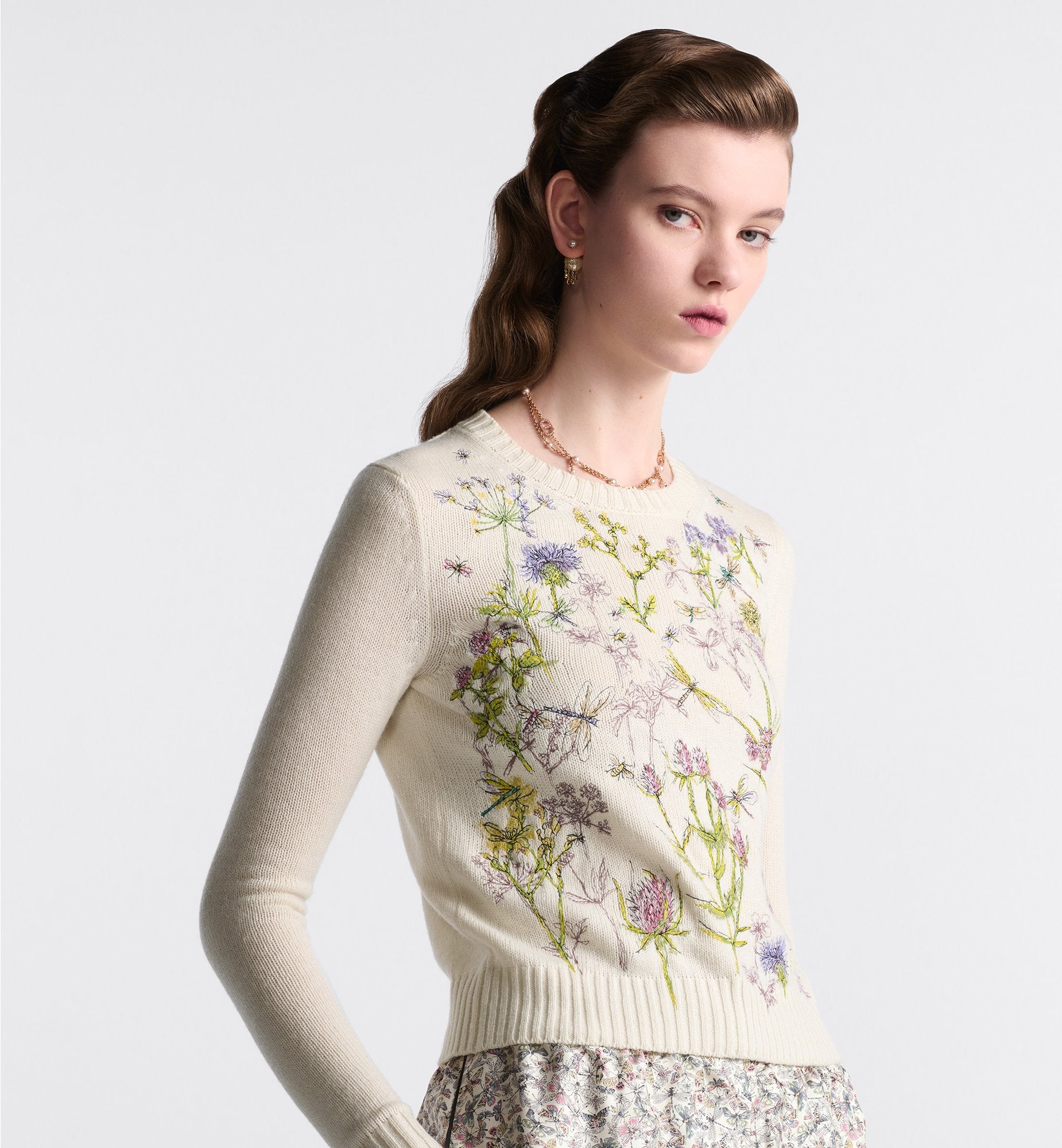 Embroidered Sweater White Cashmere Knit With Multicolor Dior Herbarium Motif