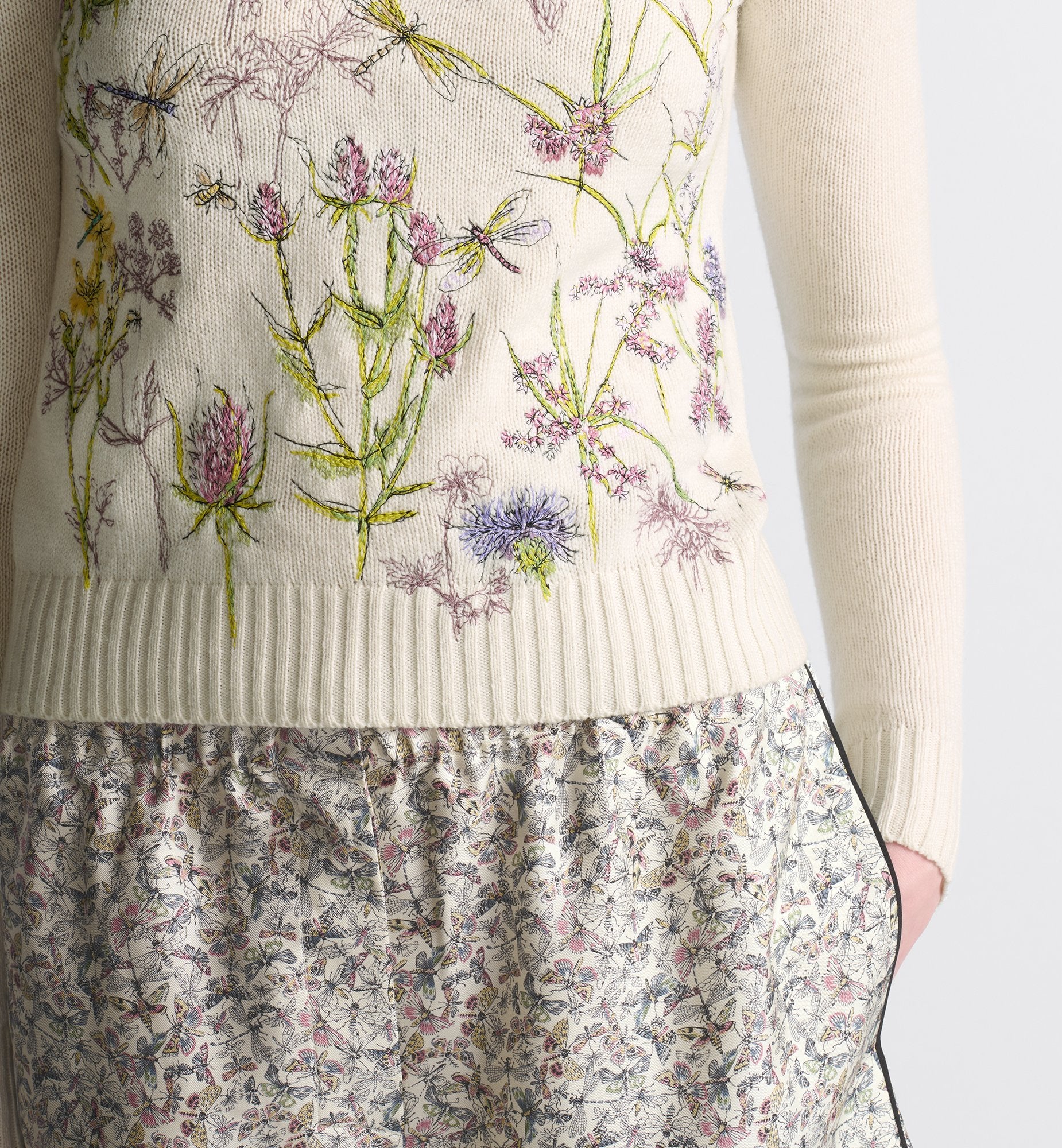 Embroidered Sweater White Cashmere Knit With Multicolor Dior Herbarium Motif