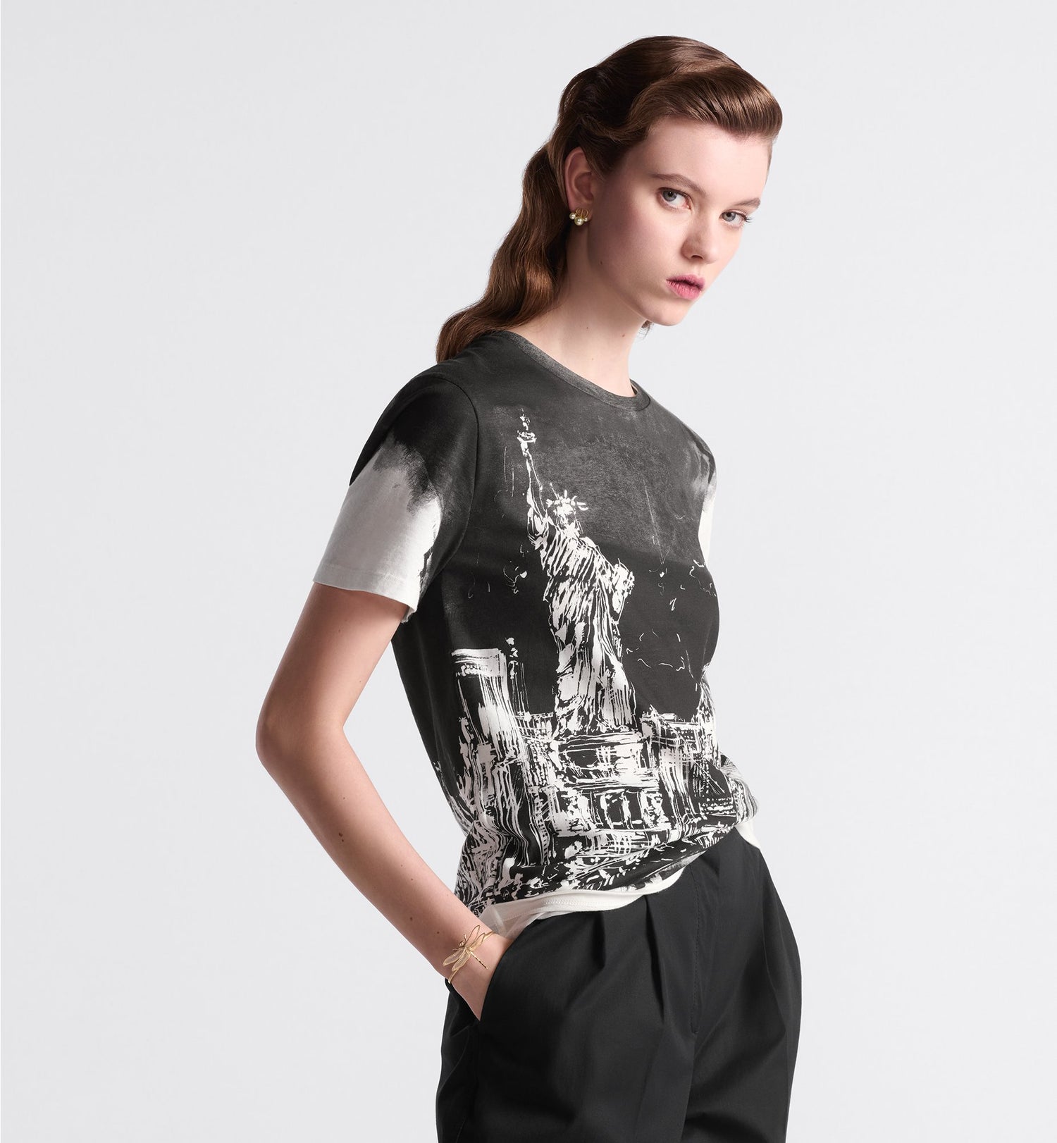 T-Shirt Black And White Cotton And Linen Jersey With New York Motif