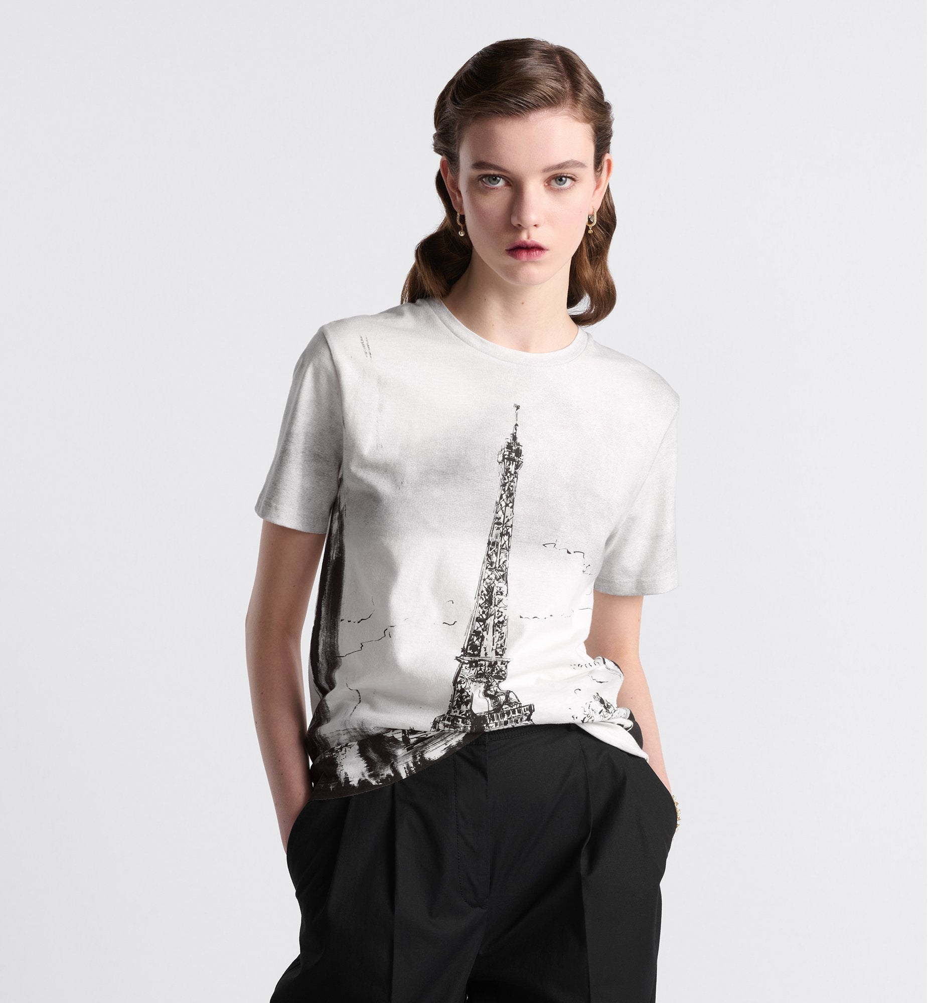 T-Shirt Black And White Cotton And Linen Jersey With Paris Motif