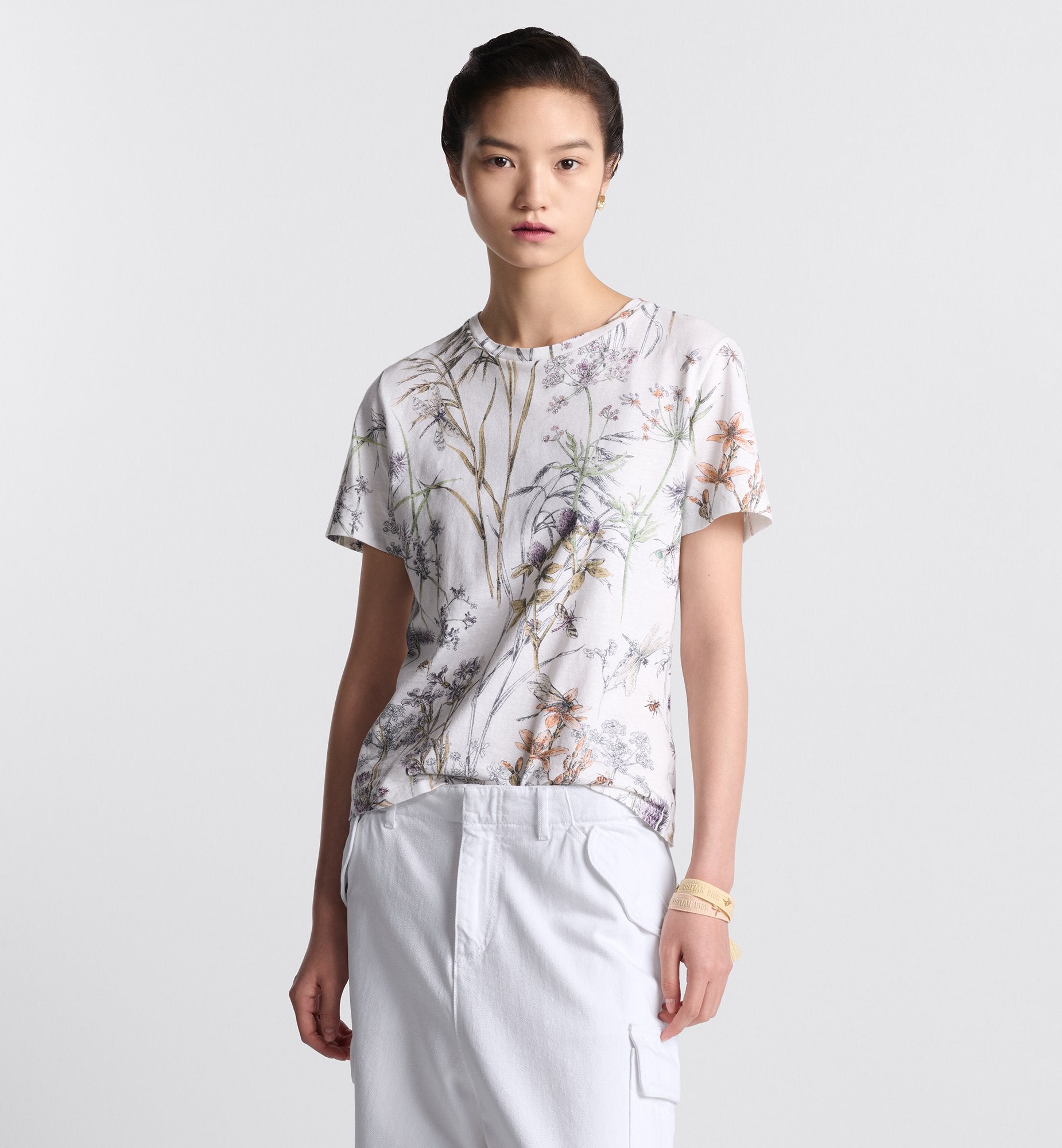 T Shirt White Cotton And Linen Jersey With Multicolor Dior Herbarium Motif