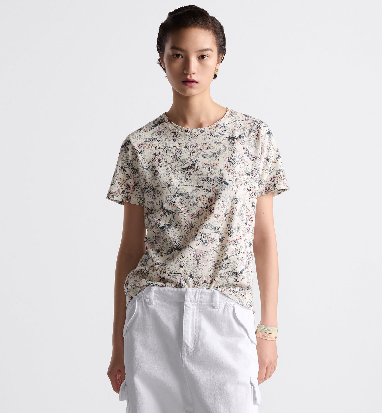 T-Shirt White Cotton And Linen Jersey With Multicolor Libellule Camouflage Motif