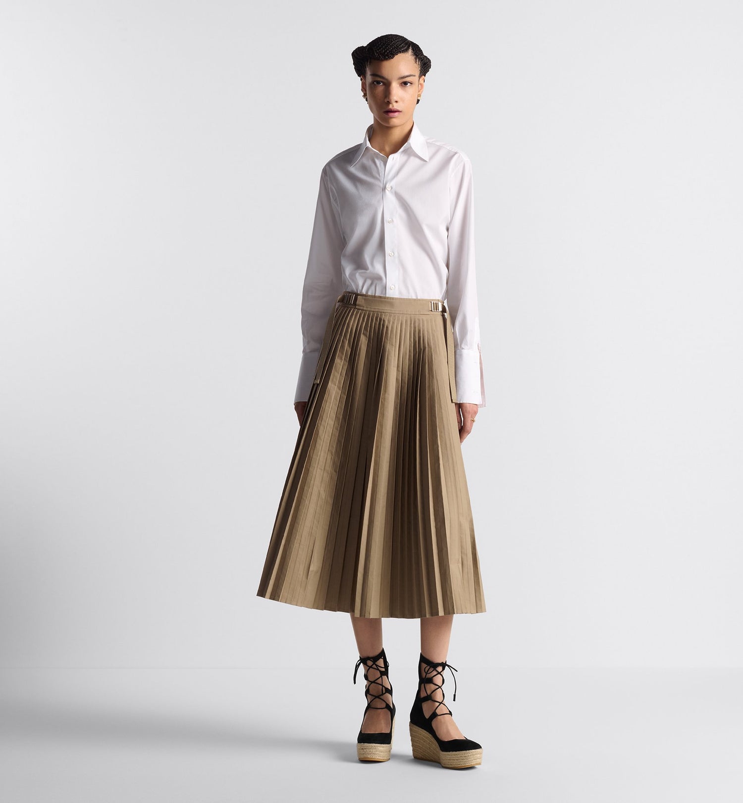 Pleated Mid-Length Skirt Beige Cotton Gabardine