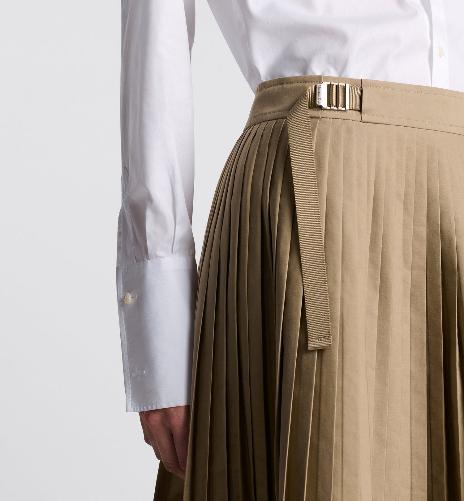 Pleated Mid-Length Skirt Beige Cotton Gabardine