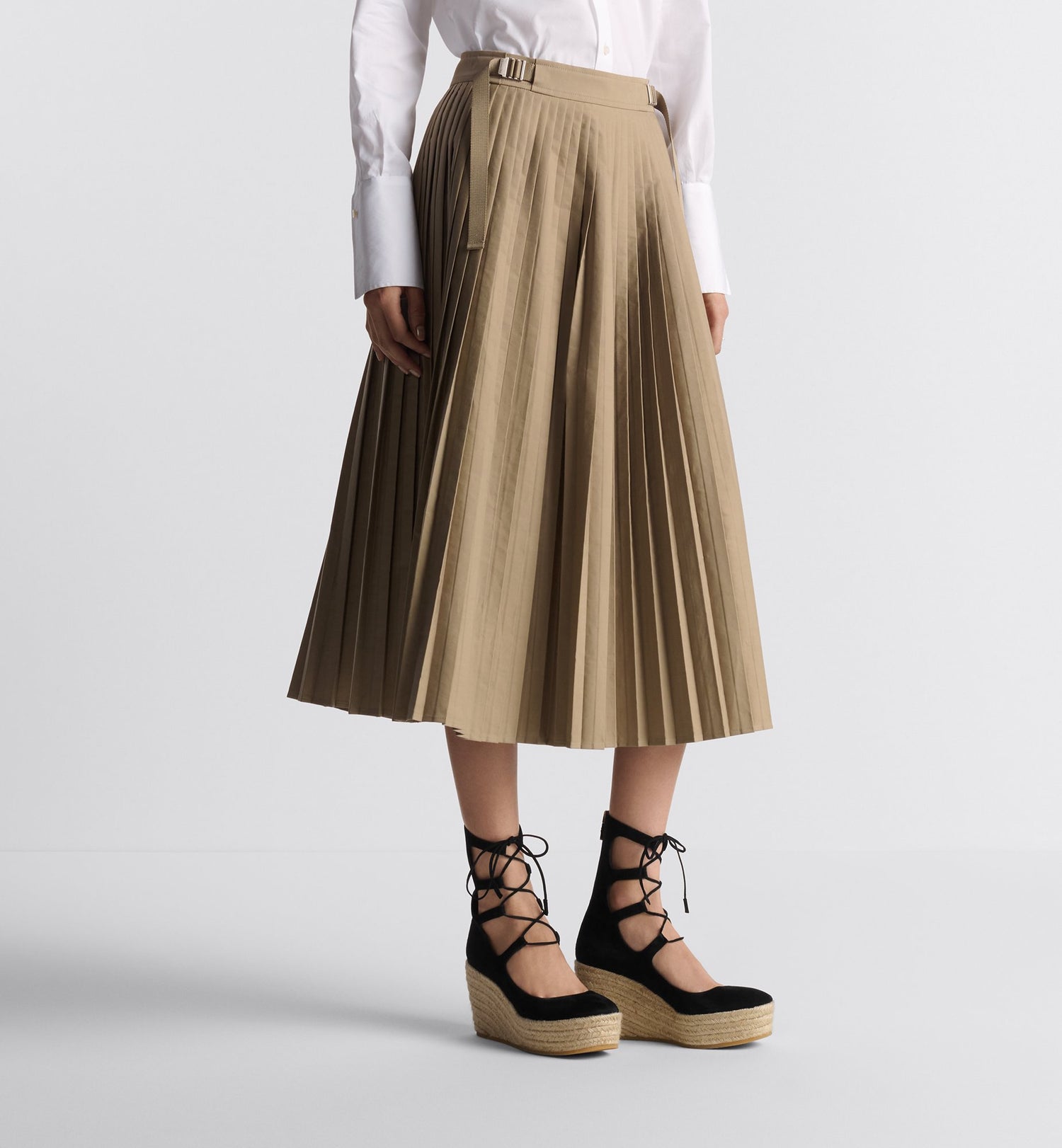 Pleated Mid-Length Skirt Beige Cotton Gabardine