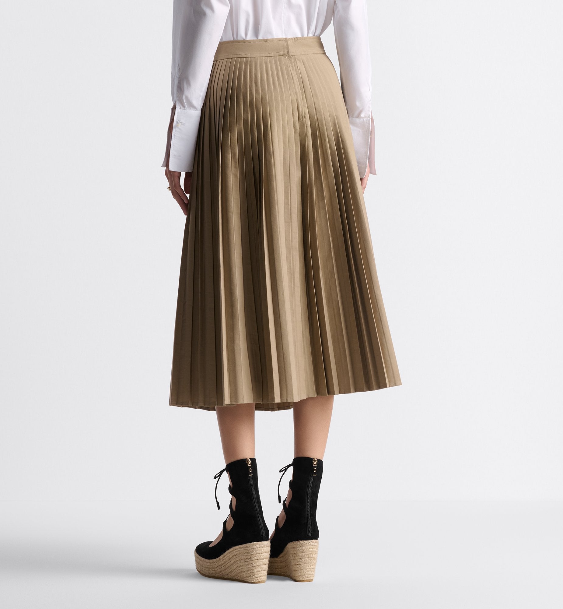 Pleated Mid Length Skirt Beige Cotton Gabardine