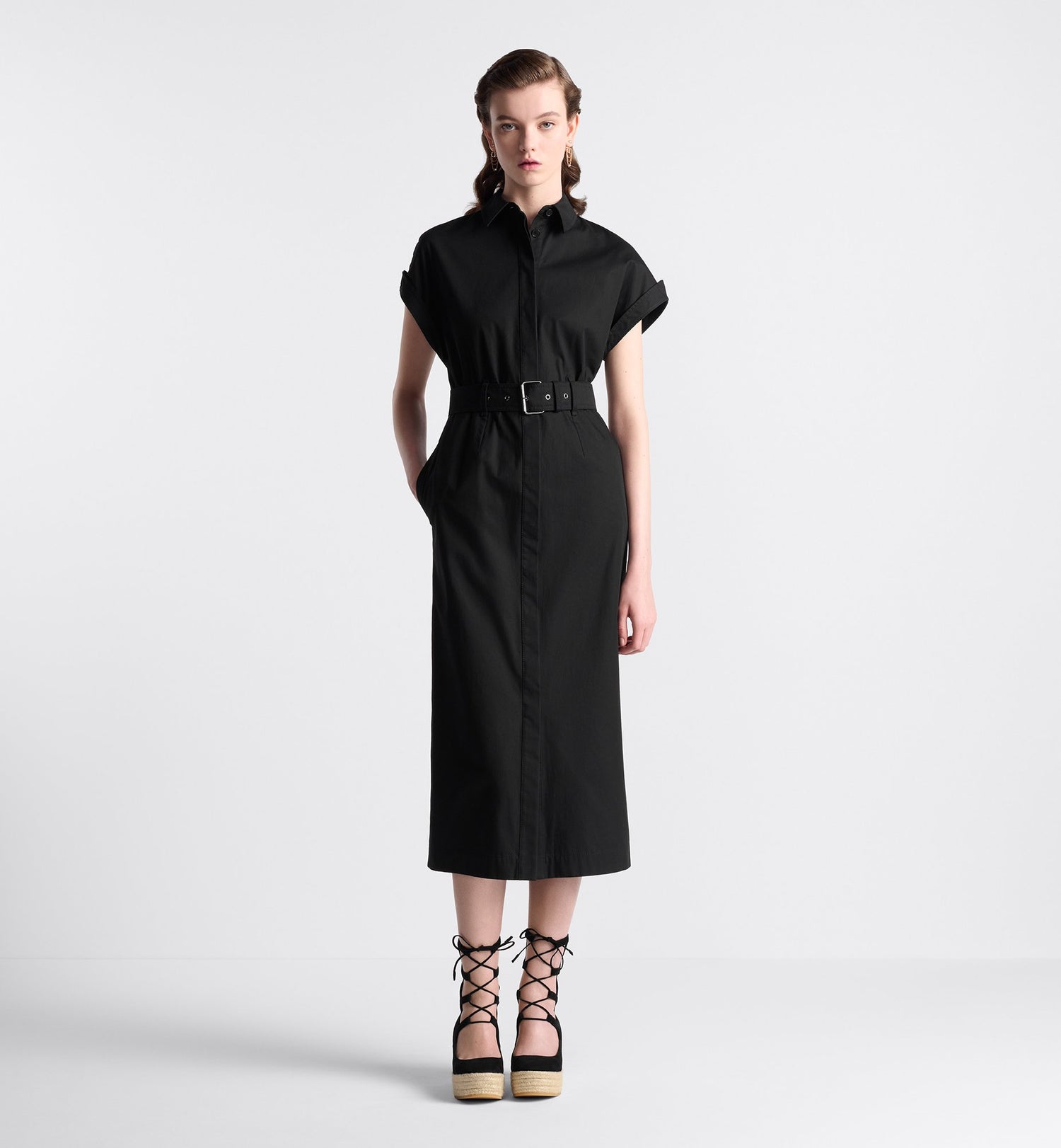 Mid-Length Shirtdress Black Cotton Gabardine