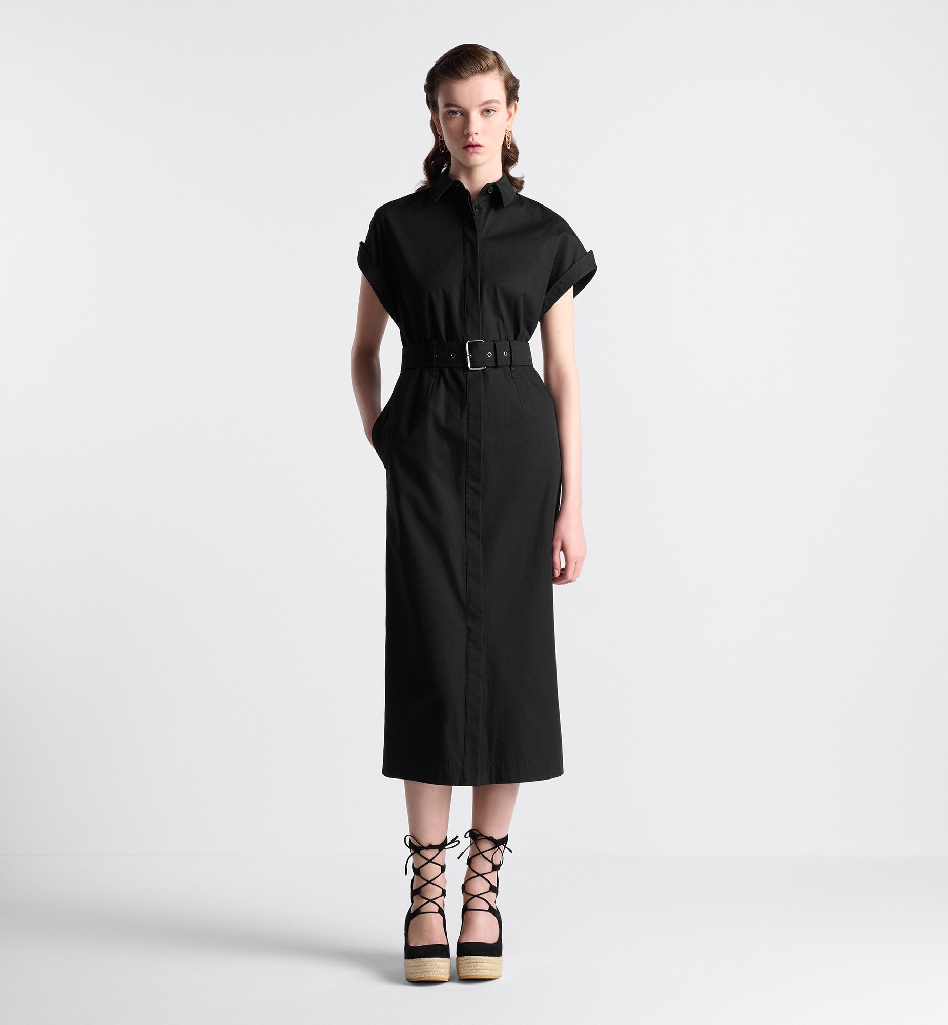 Mid Length Shirtdress Black Cotton Gabardine