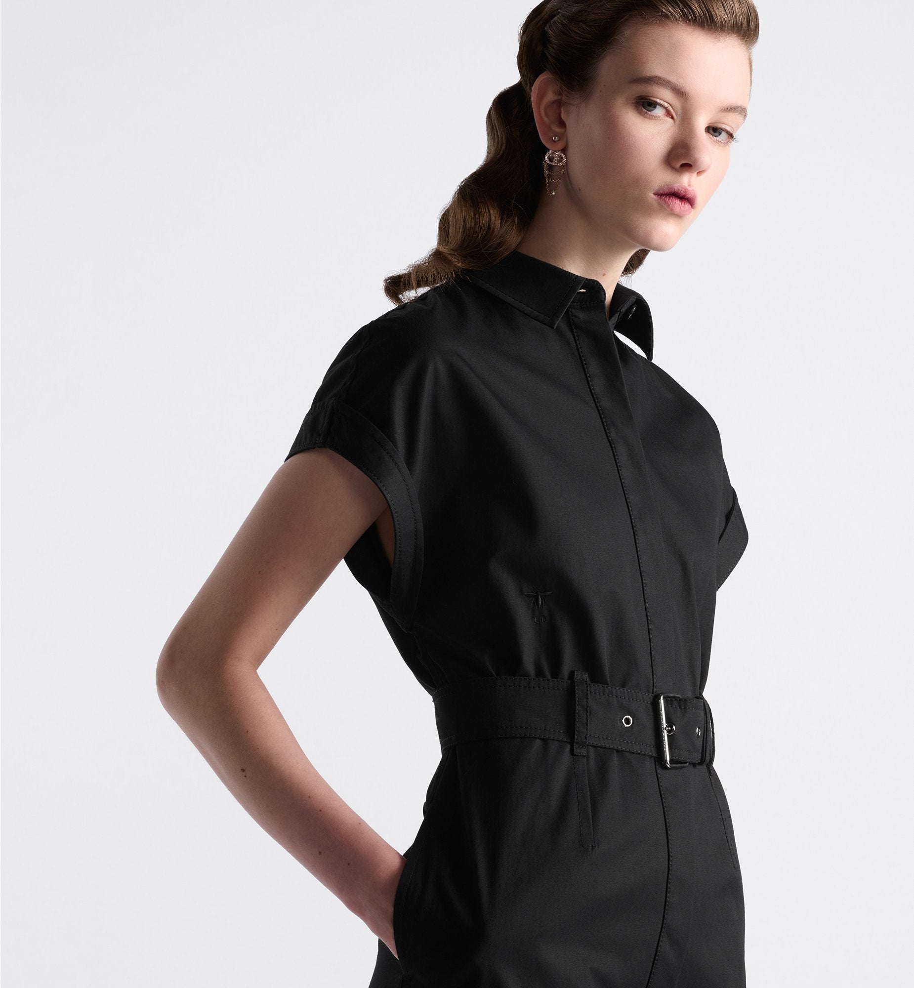 Mid-Length Shirtdress Black Cotton Gabardine