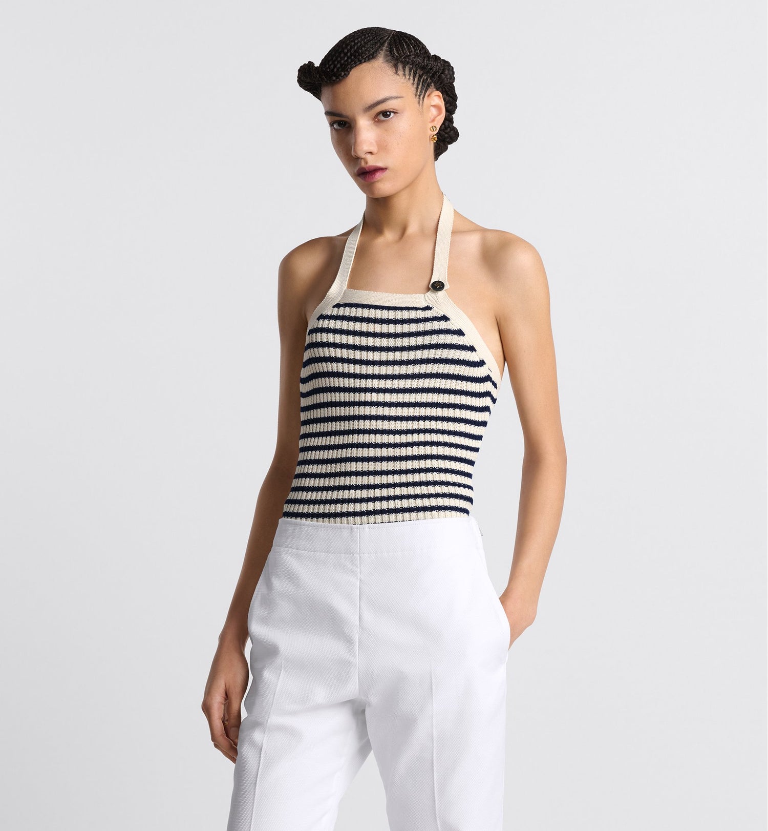 Dioriviera Backless Tank Top White And Navy Blue Cotton Ribbed Knit With Dior Marinière Motif