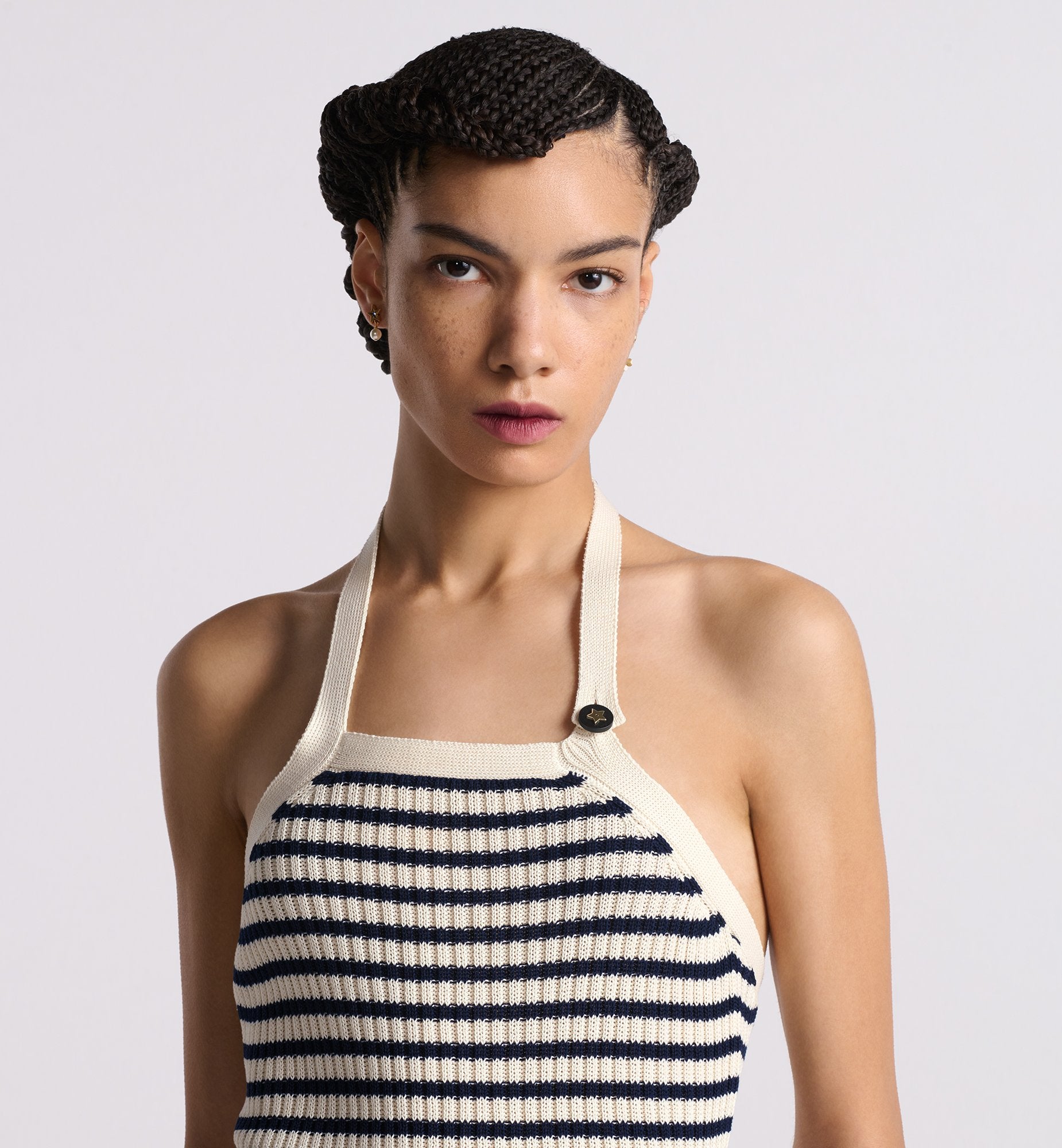 Dioriviera Backless Tank Top White And Navy Blue Cotton Ribbed Knit With Dior Marinière Motif