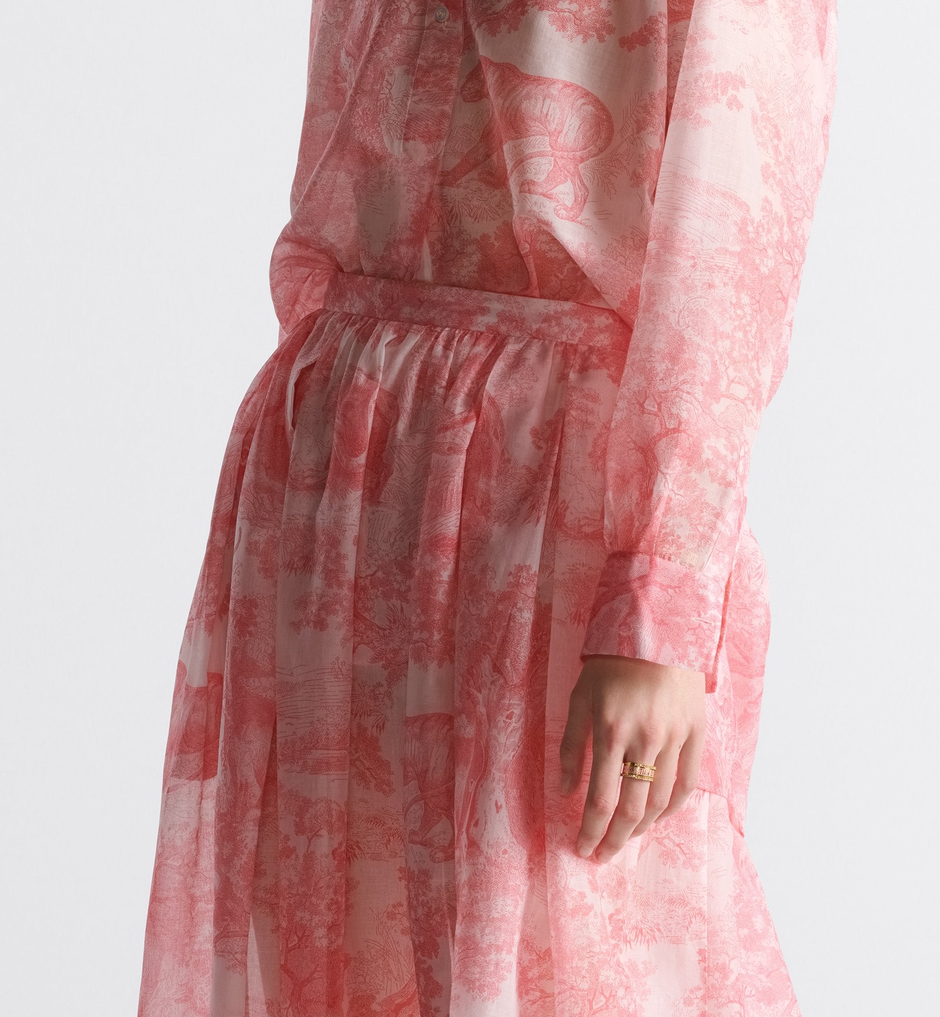 Dioriviera Flared Mid Length Skirt White And Candy Pink Cotton Muslin With Toile De Jouy Sauvage Motif