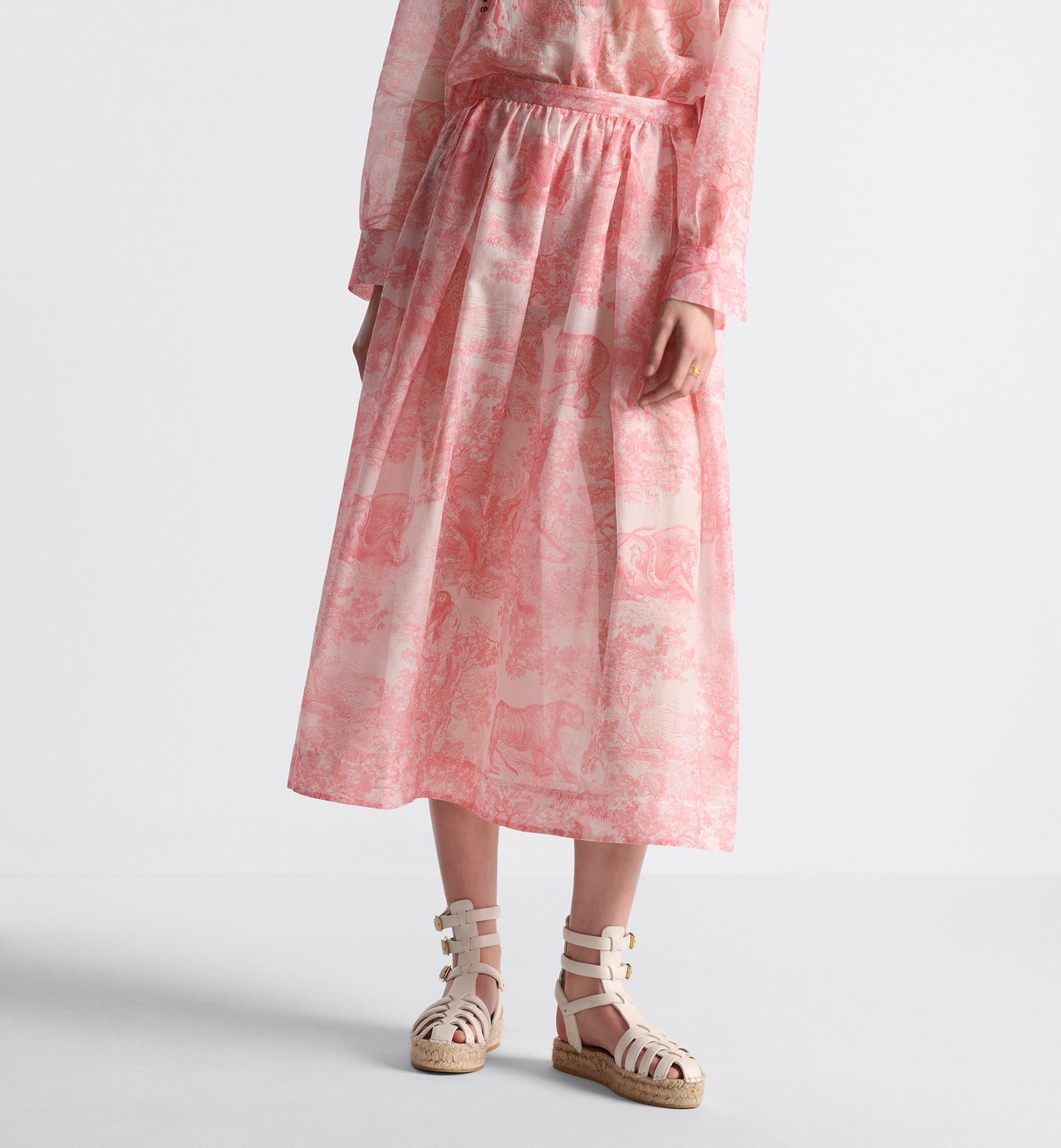 Dioriviera Flared Mid-Length Skirt White And Candy Pink Cotton Muslin With Toile De Jouy Sauvage Motif