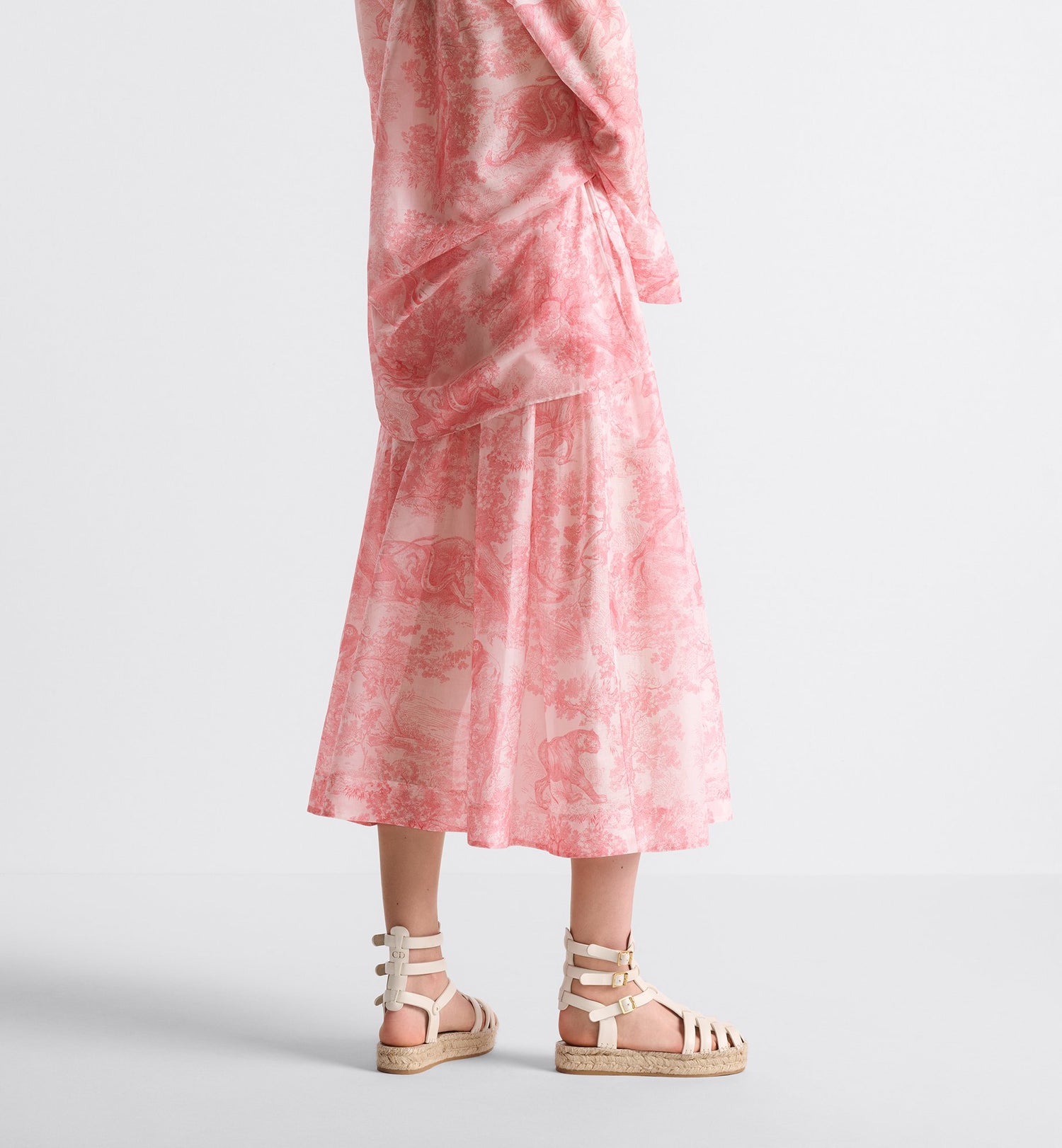 Dioriviera Flared Mid Length Skirt White And Candy Pink Cotton Muslin With Toile De Jouy Sauvage Motif