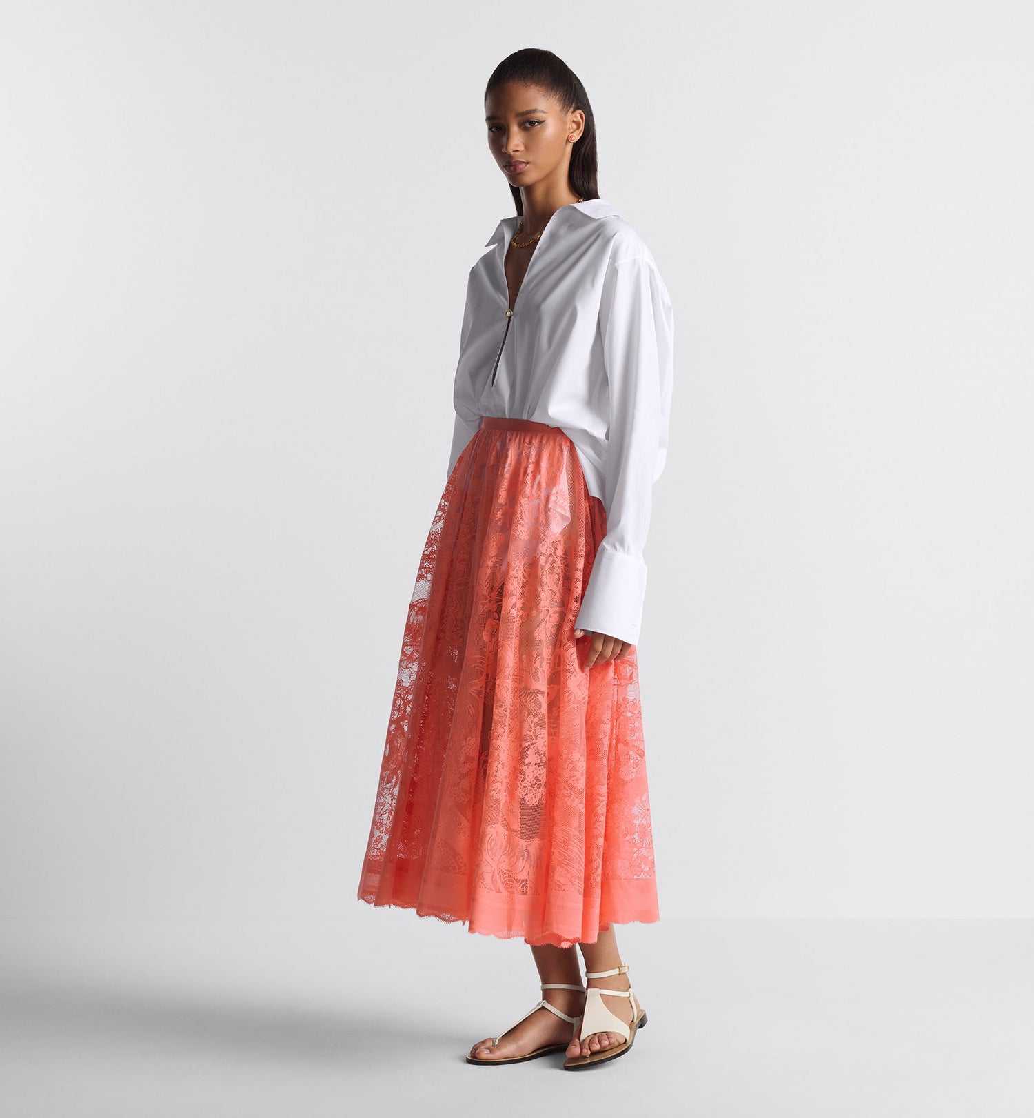 Dioriviera Flared Mid-Length Skirt Coral Technical Cotton Lace