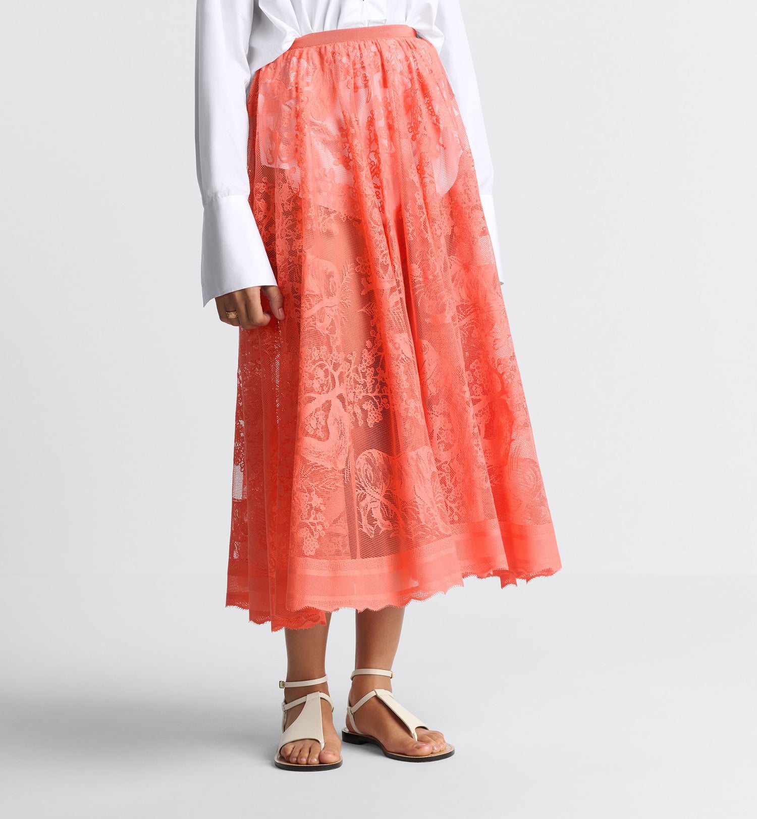 Dioriviera Flared Mid-Length Skirt Coral Technical Cotton Lace