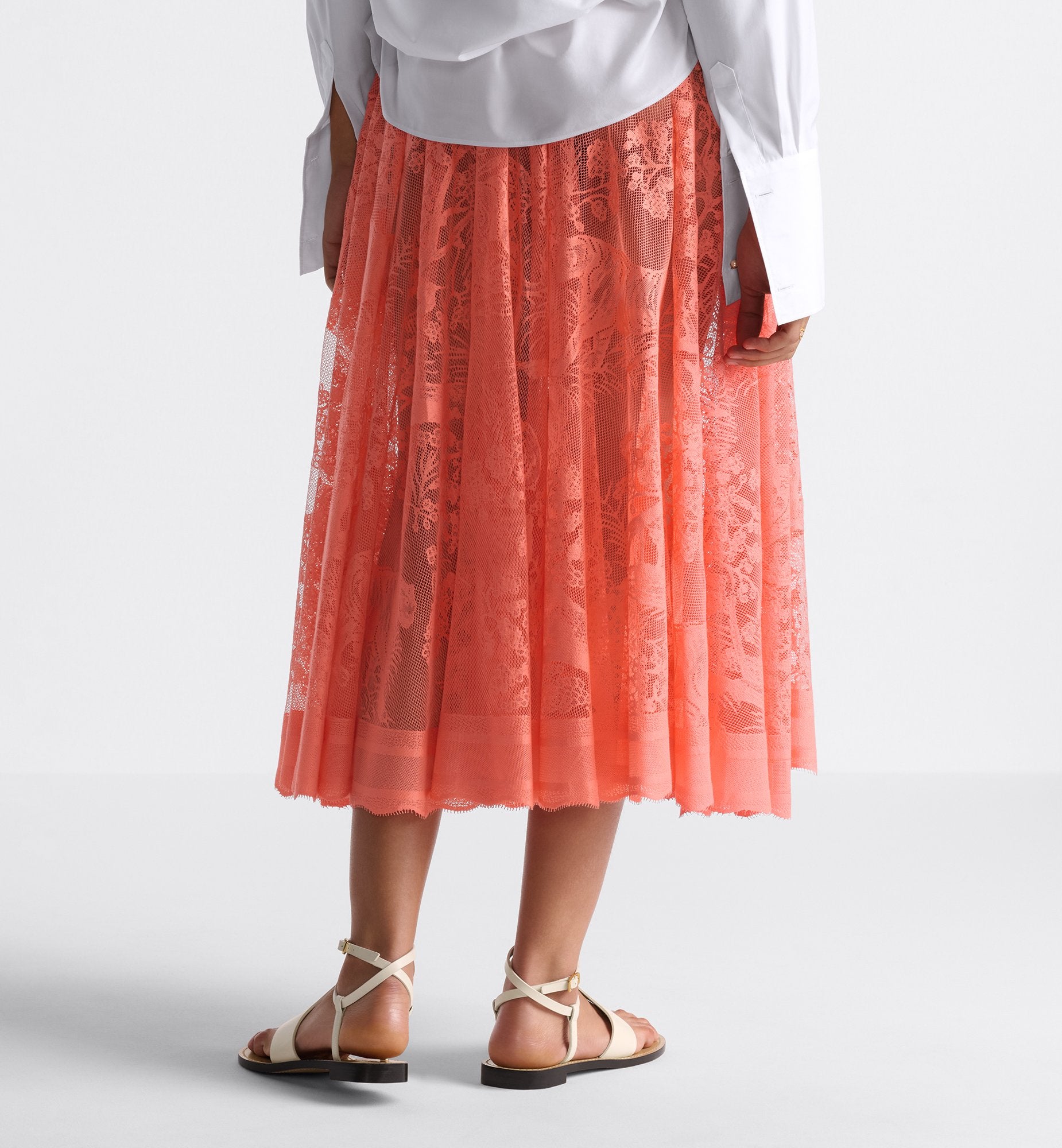 Dioriviera Flared Mid-Length Skirt Coral Technical Cotton Lace