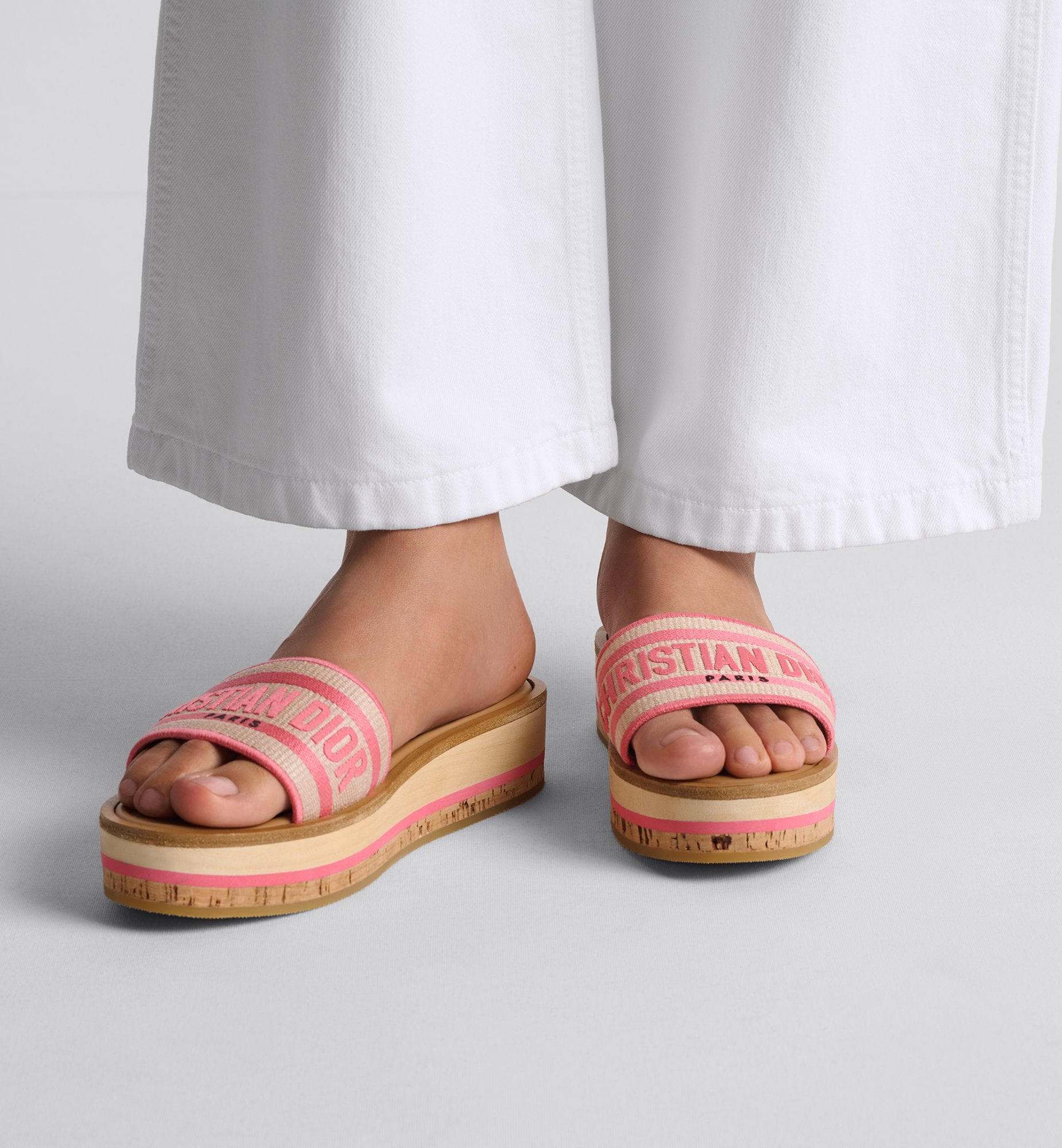 Dioriviera Dway Platform Slide Natural Raffia And Candy Pink Embroidered Cotton