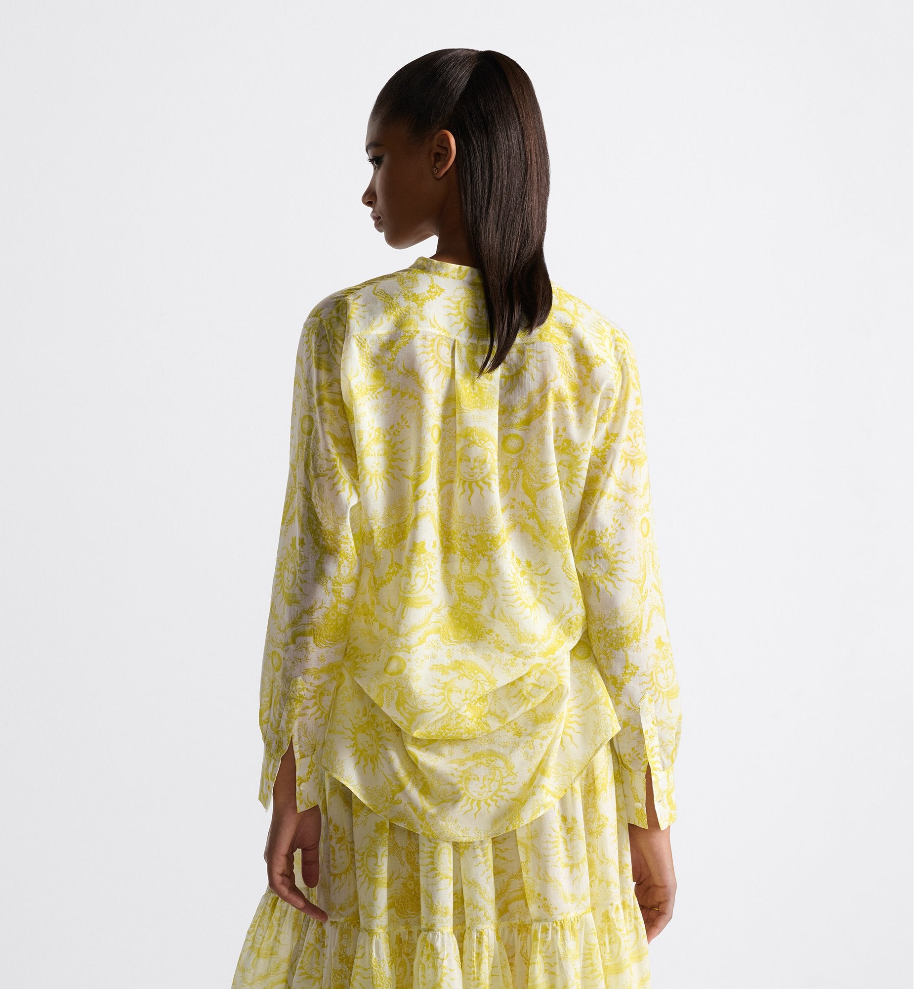 Dioriviera Long Blouse White And Lemon Yellow Cotton Muslin With Toile De Jouy Soleil Motif