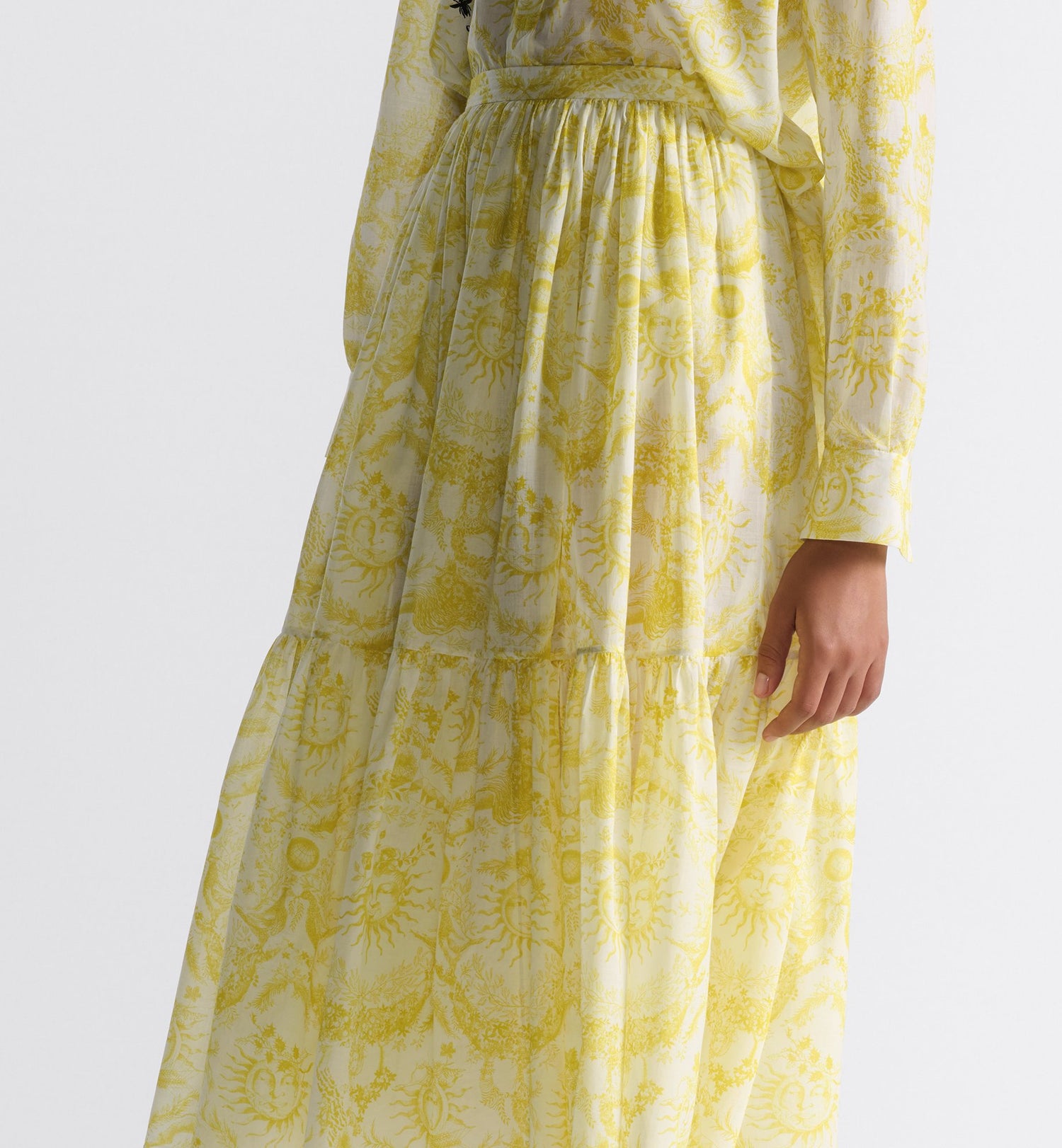 Dioriviera Mid-Length Skirt White And Lemon Yellow Cotton Muslin With Toile De Jouy Soleil Motif