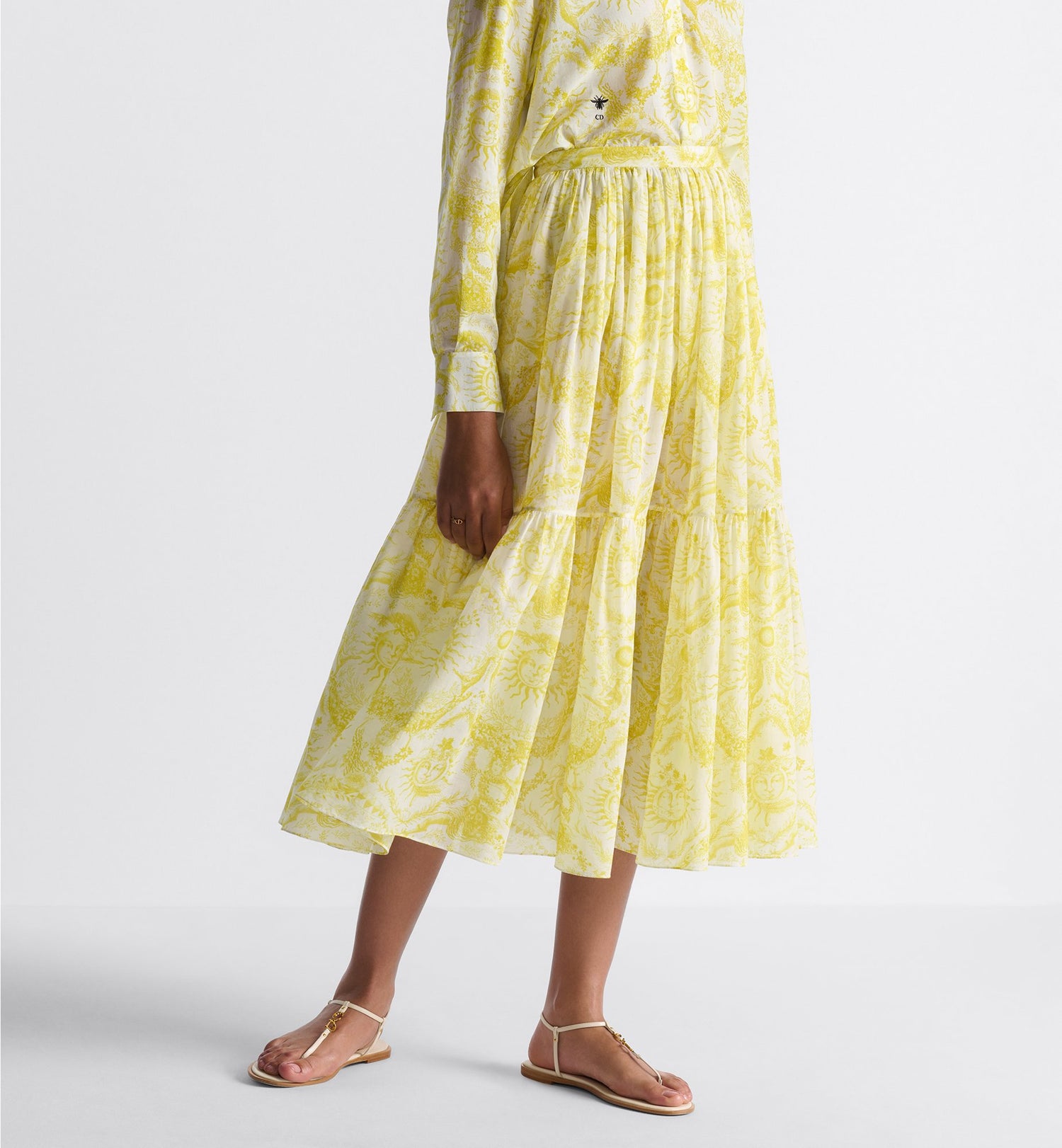 Dioriviera Mid Length Skirt White And Lemon Yellow Cotton Muslin With Toile De Jouy Soleil Motif