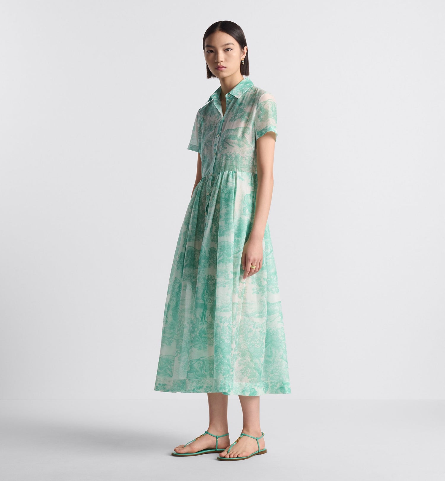 Dioriviera Mid Length Shirtdress White And Aquamarina Cotton Muslin With Toile De Jouy Sauvage Motif