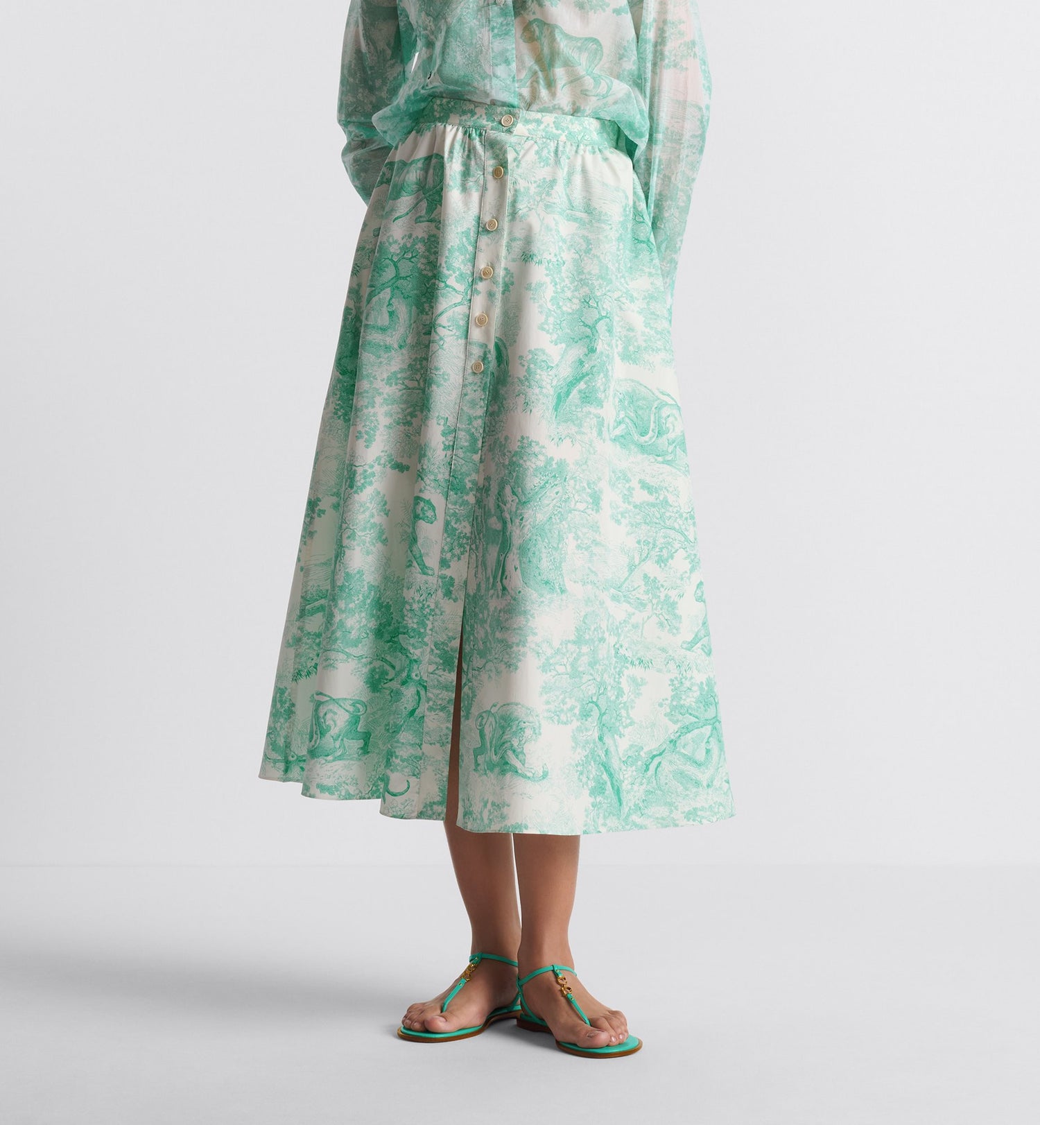 Dioriviera Flared Mid-Length Skirt White And Aquamarina Cotton And Silk Poplin With Toile De Jouy Sauvage Motif