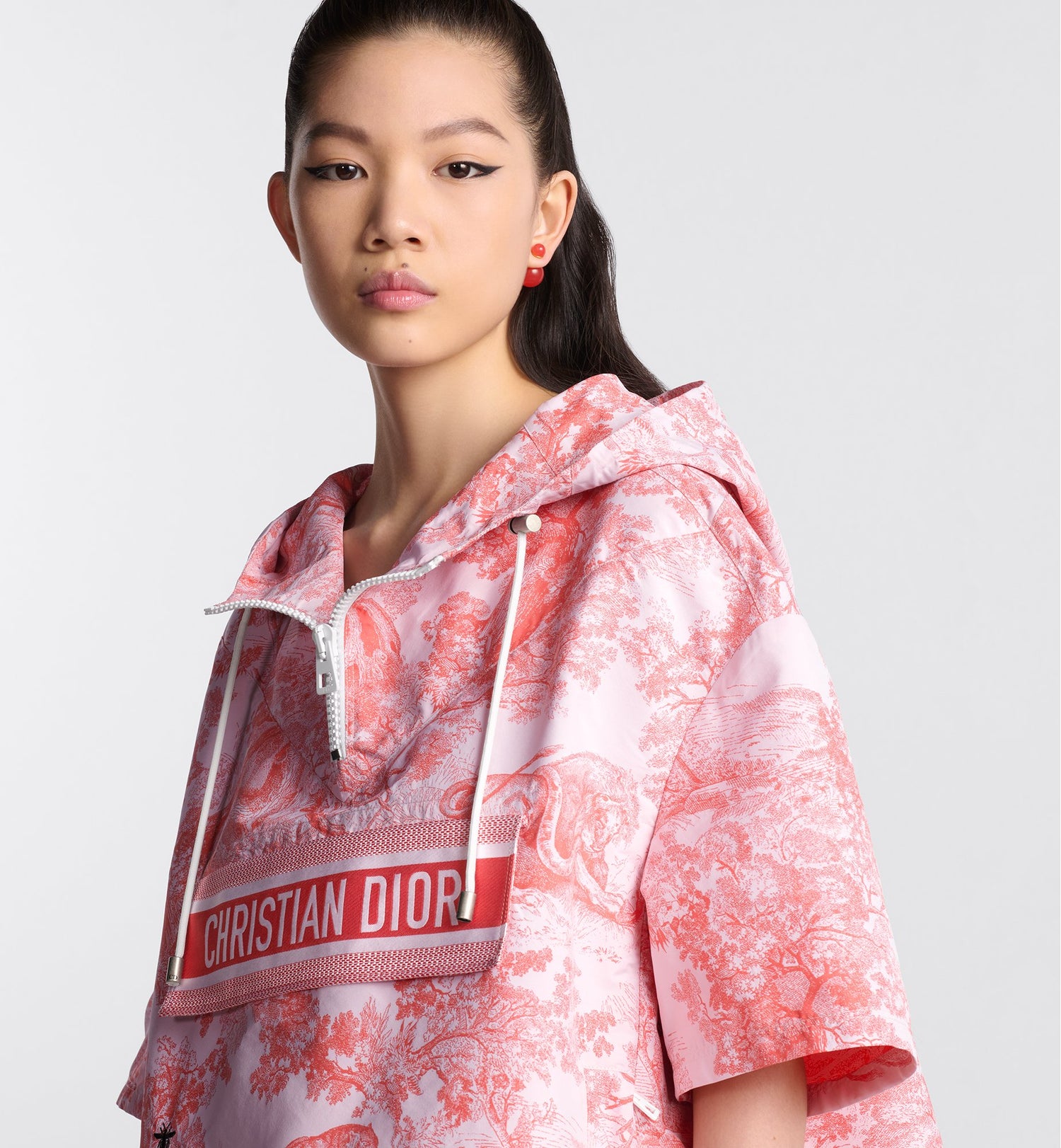 Dioriviera Short Sleeved Cropped Anorak With Hood White And Coral Technical Taffeta Jacquard With Toile De Jouy Sauvage Motif