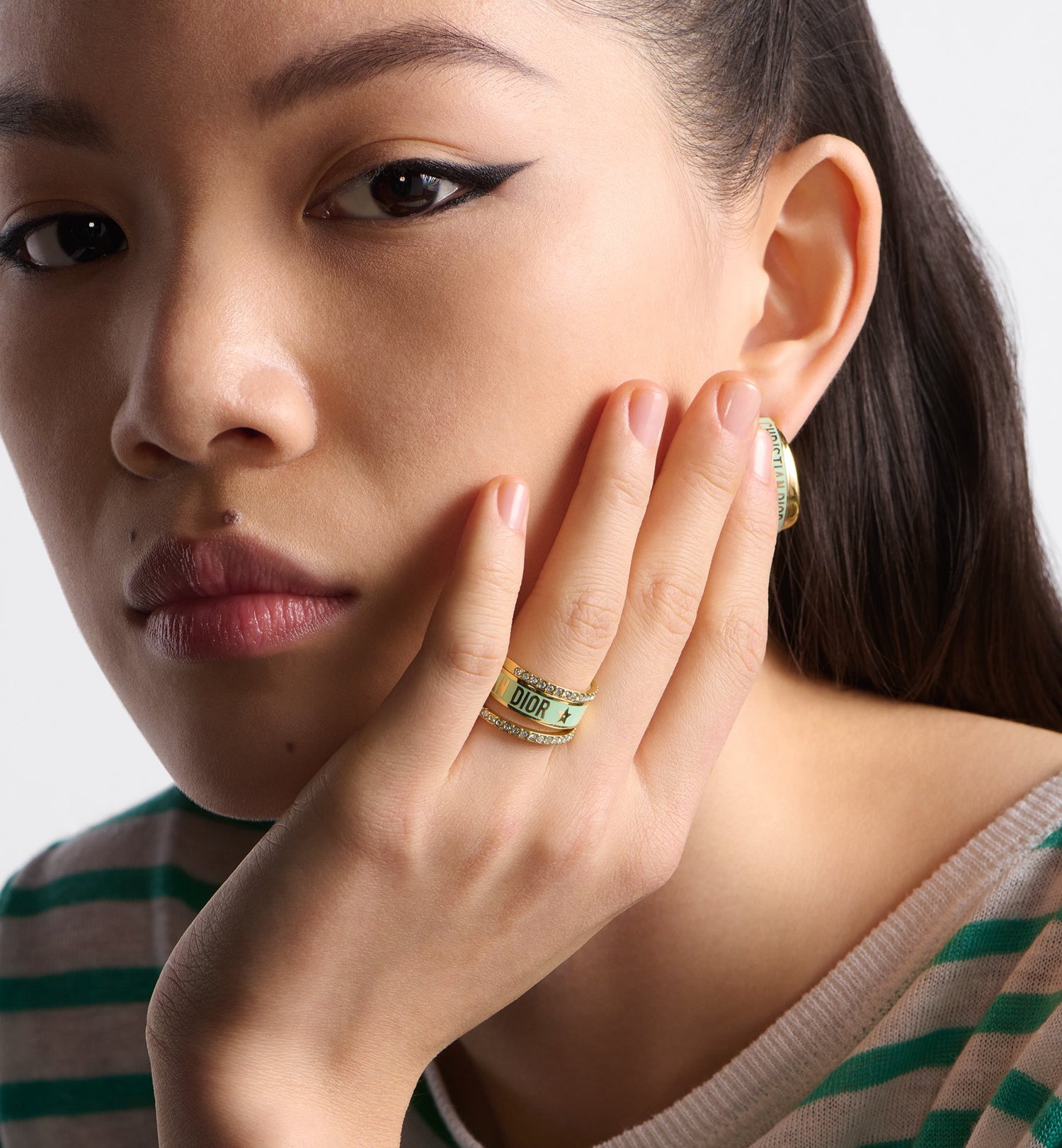 Code Ring Set Gold Finish Metal With Peridot Green Crystals And Pastel Mint Lacquer